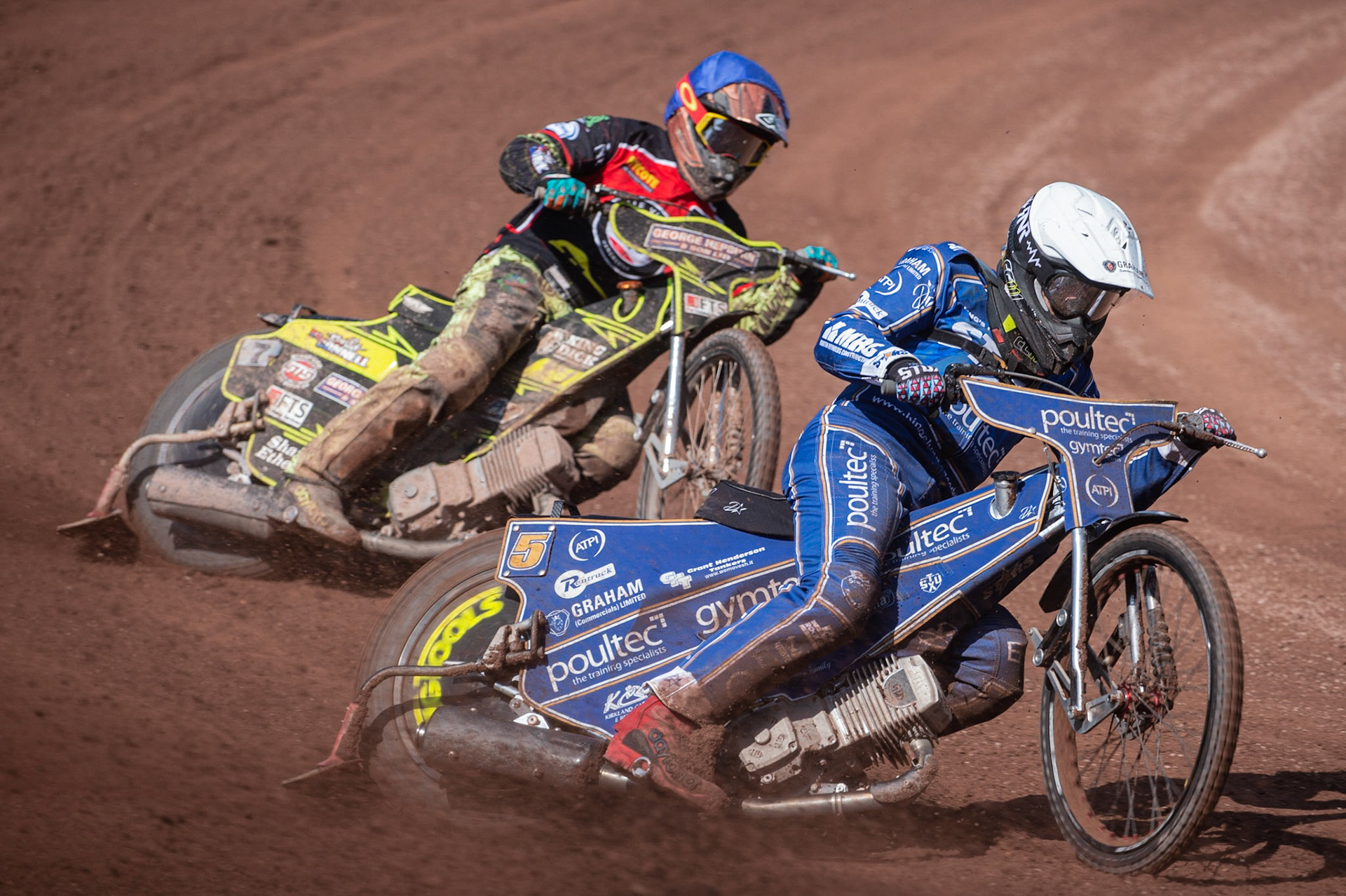 Photo: Ian Charles

Craig Cook  (White) leads Jye Etheridge  (Blue)

Belle Vue Aces v Kings Lynn Stars, British Speedway Premiership, Belle Vue National Speedway Stadium, Manchester, Monday 26  August  2019