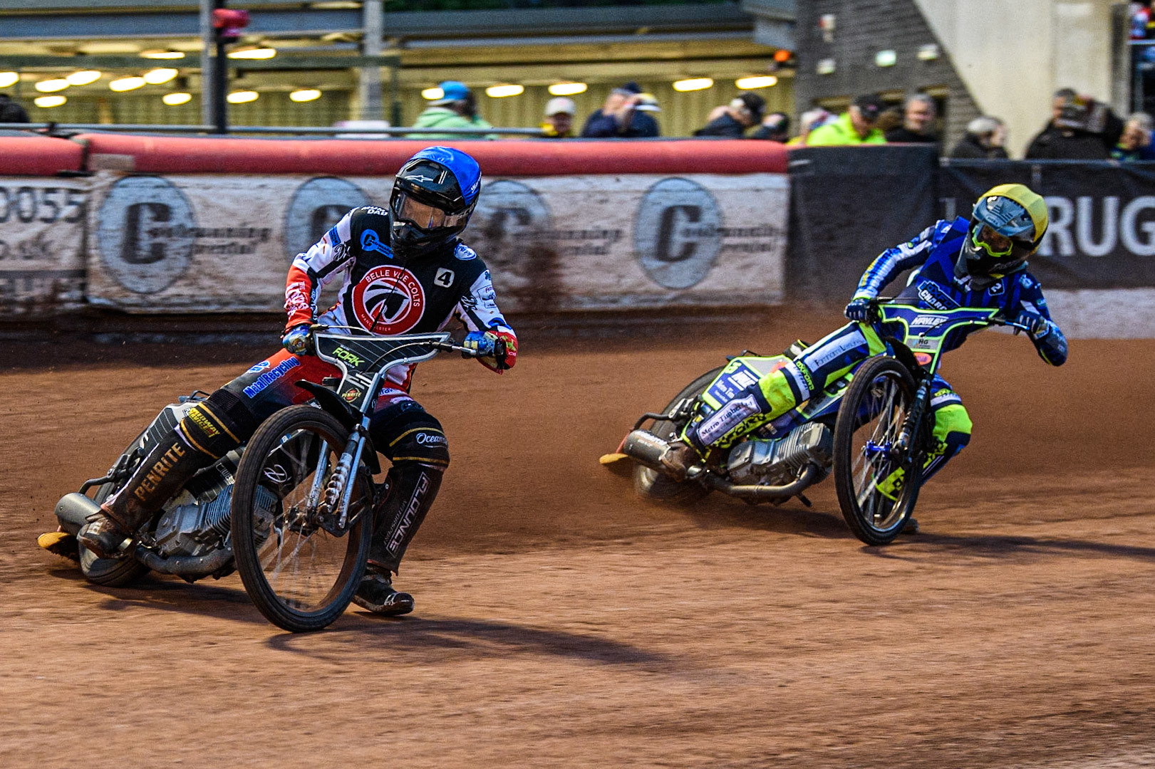 Matt Marson  (Blue) leads Jacob Clouting  (Yellow) during the National Development League match between Belle Vue Colts and Oxford Chargers at the National Speedway Stadium, Manchester on Friday 12th May 2023. (Photo: Ian Charles | MI News)