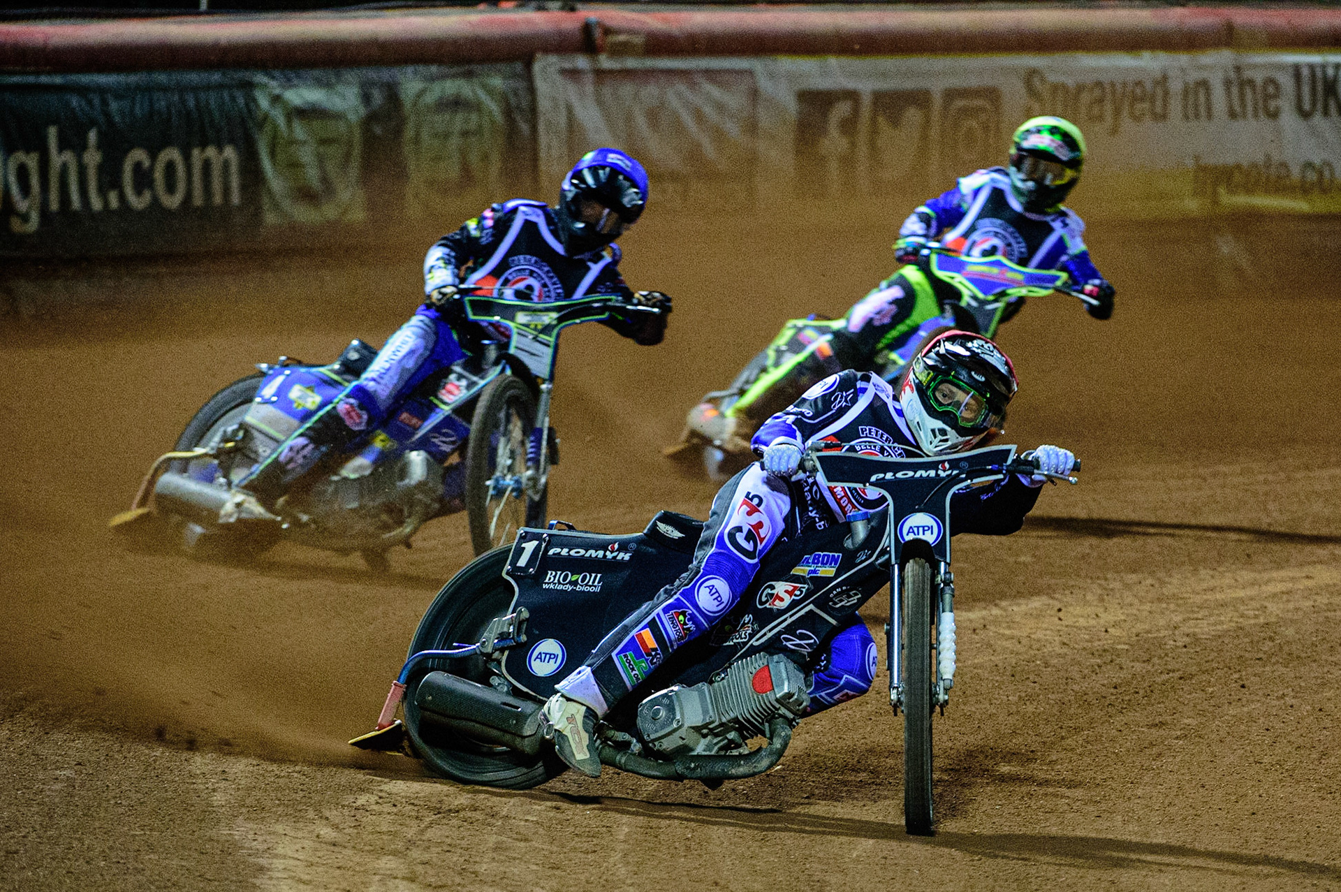 MANCHESTER, UK. OCT 23RD  Dan Bewley  (Red) leads Ryan Douglas  (Blue) and Nick Morris  (Yellow) during the Peter Craven Memorial Trophy event at the National Speedway Stadium, Manchester on Saturday 23rd October 2021. (Credit: Ian Charles | MI News)