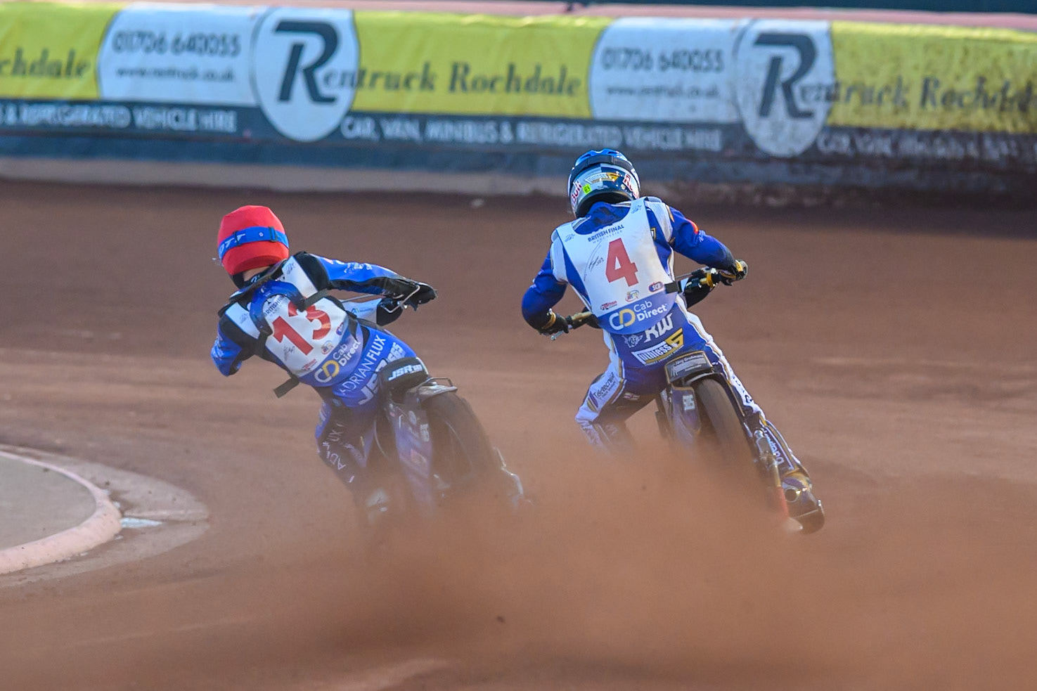 Jody Scott (13) in Red on the inside of Robert Lambert (4) in Blue during the Cab Direct British Speedway Championship Final at the National Speedway Stadium, Manchester on Saturday 15th August 2026. (Photo: Ian Charles | MI News)
