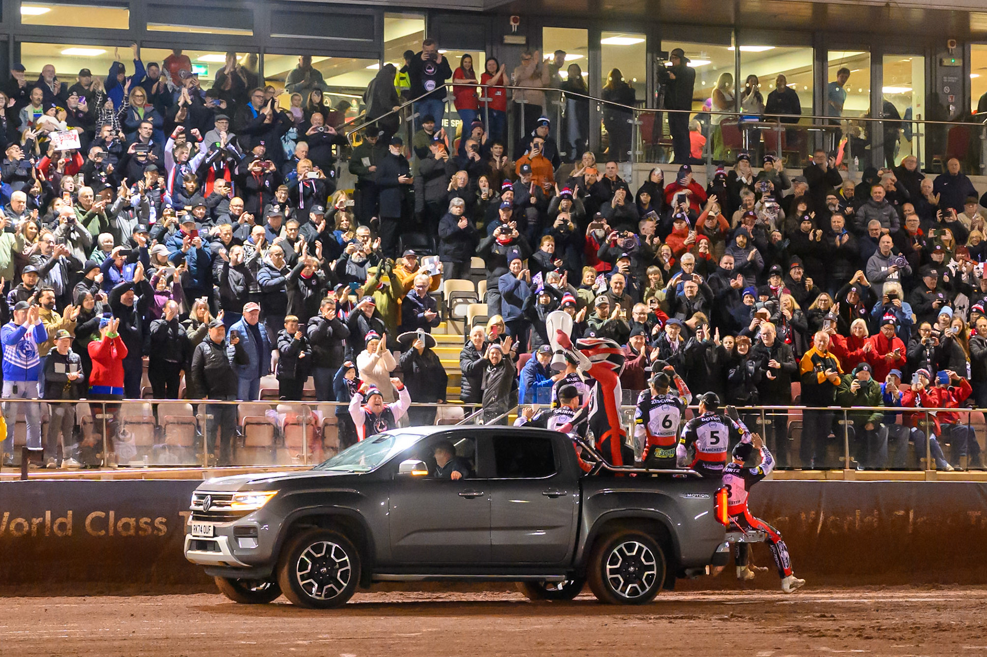 Belle Vue ATPI Aces  on their lap of honour during the Rowe Motor Oil Premiership Grand Final 2nd Leg between Belle Vue Aces and Sheffield Tigers at the National Speedway Stadium, Manchester on Friday 16th October 2026. (Photo: Ian Charles | MI News)