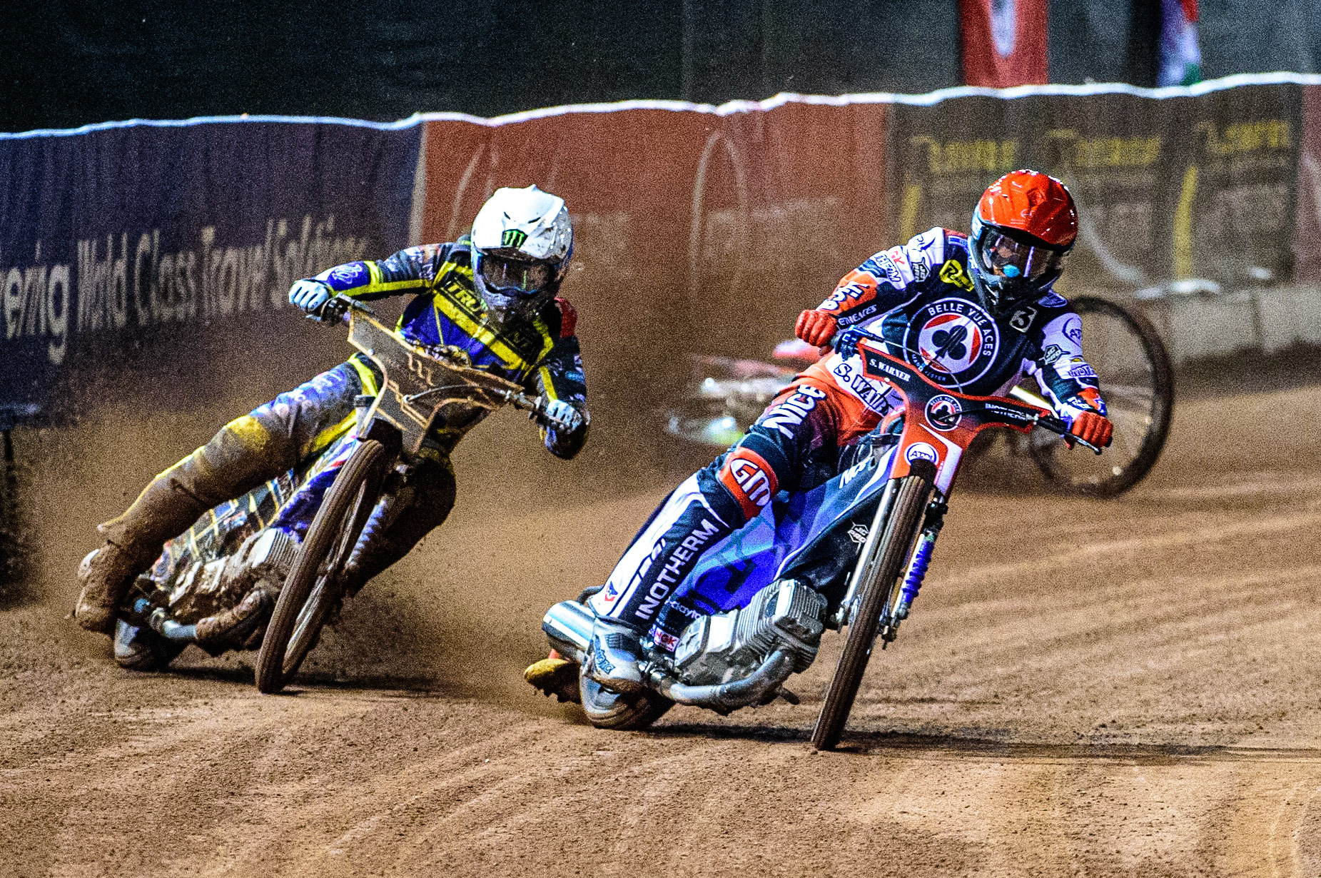 Jack Holder  (White) collides with Charles Wright  (Blue) behind Matej Zagar  (Red) during the SGB Premiership Grand Final 1st leg between Belle Vue Aces and Sheffield Tigers at the National Speedway Stadium, Manchester on Monday 10th October 2022. (Credit: Ian Charles | MI News)