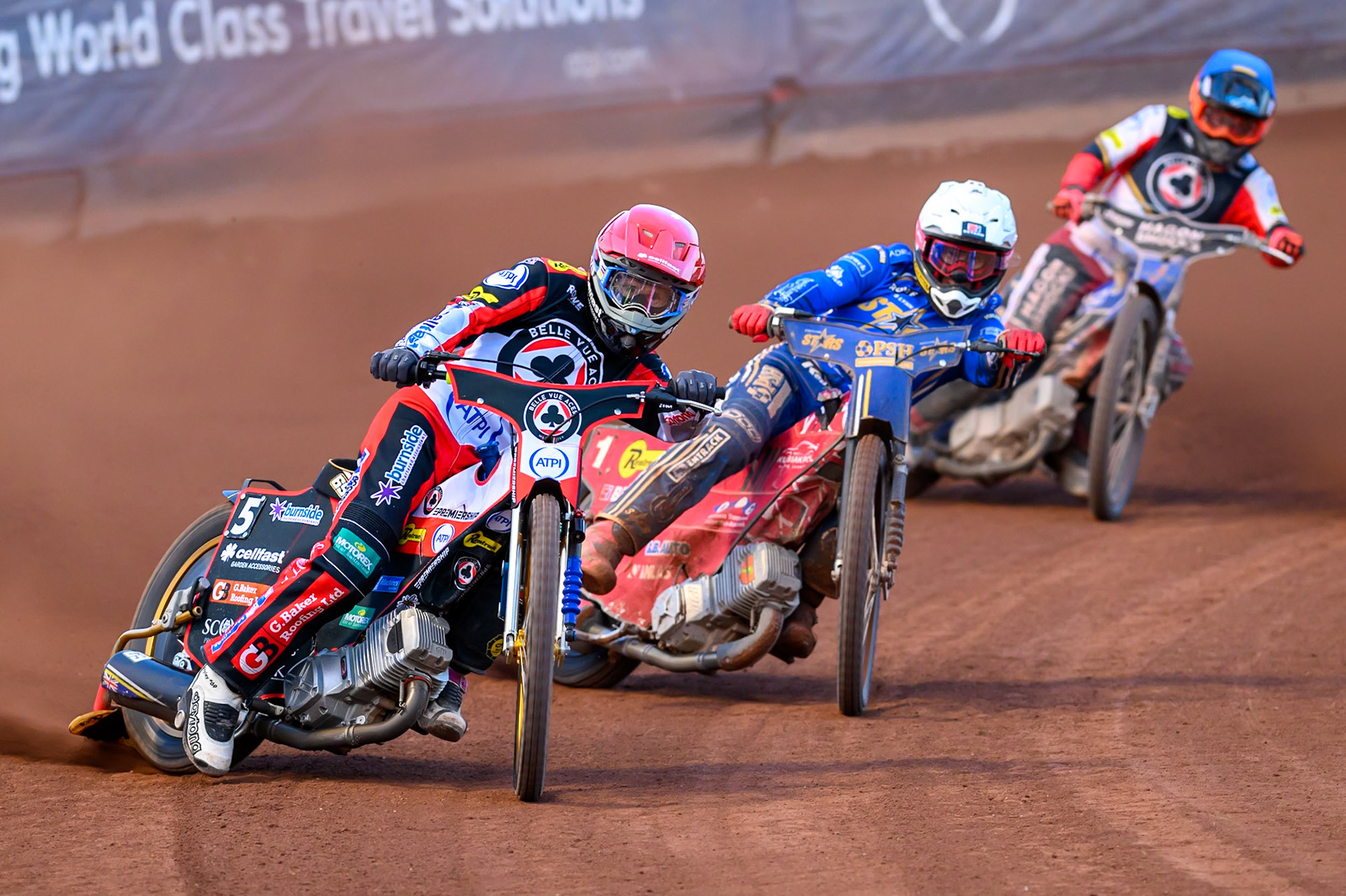 Jason Doyle of Belle Vue Aces in Red leading Max Fricke of Kings Lynn Stars in White and William Cairns of Belle Vue Aces in Blue during the Rowe Motor Oil Premiership match between Belle Vue Aces and King's Lynn Stars at the National Speedway Stadium, Manchester on Monday 10th August 2026. (Photo: Ian Charles | MI News)