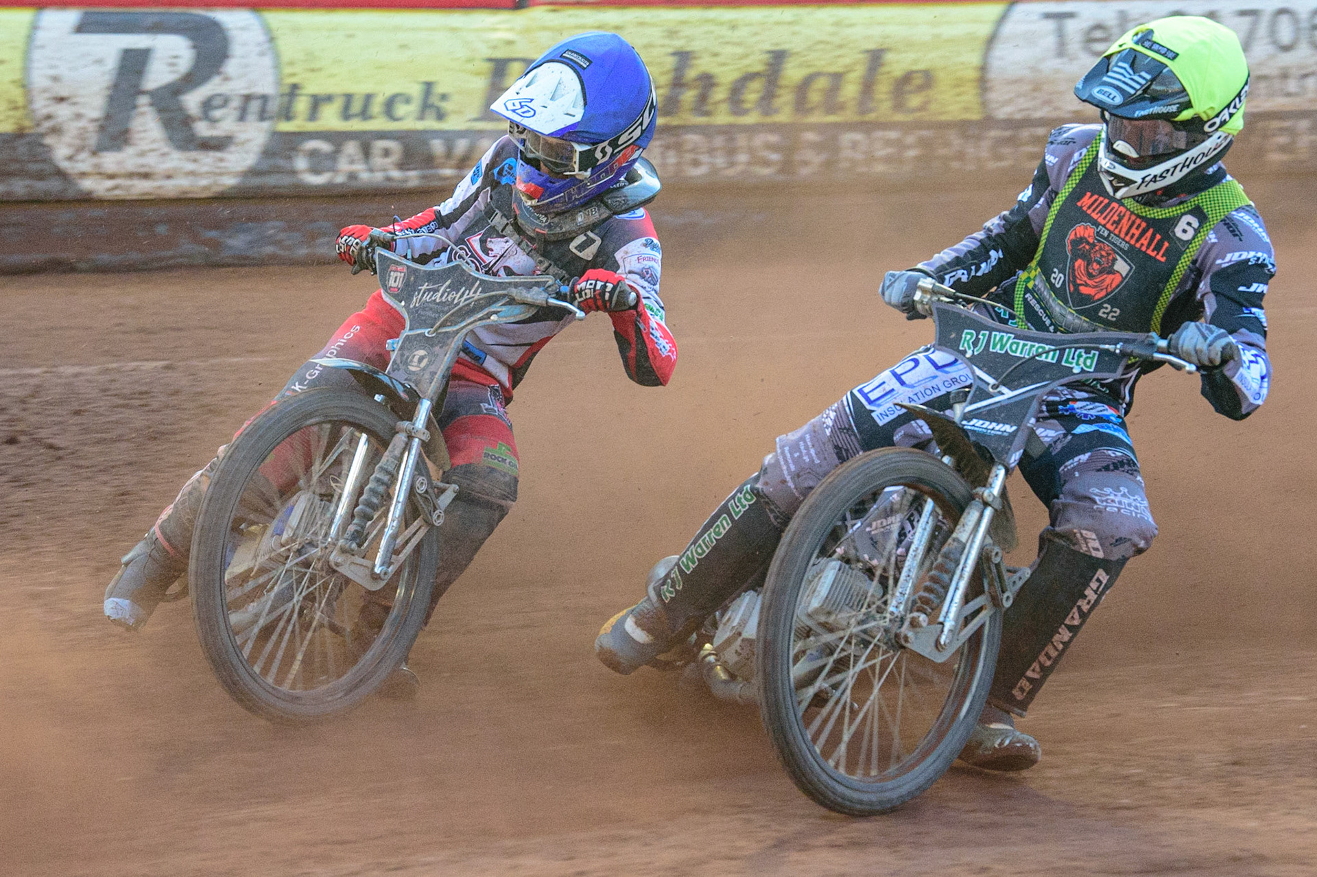 Freddy Hodder  (Blue) outside Josh Warren  (Yellow) during the National Development League match between Belle Vue Colts and Mildenhall Fens Tigers at the National Speedway Stadium, Manchester on Friday 15th July 2022. (Credit: Ian Charles | MI News)