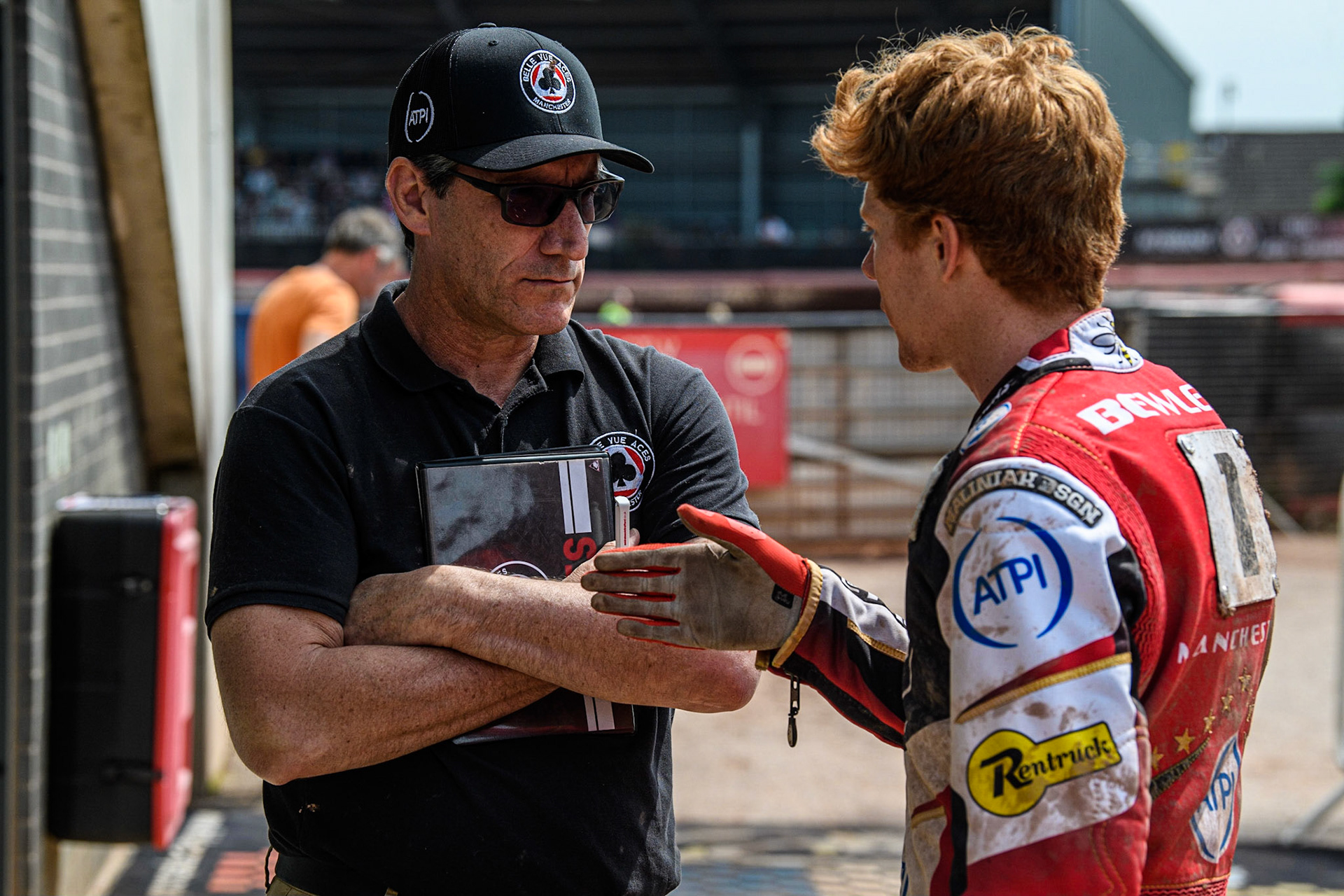 Dan Bewley (right) chats with Aces Team Manager Mark Lemon  during the Sports Insure Premiership match between Belle Vue Aces and Wolverhampton Wolves at the National Speedway Stadium, Manchester on Monday 29th May 2023. (Photo: Ian Charles | MI News)