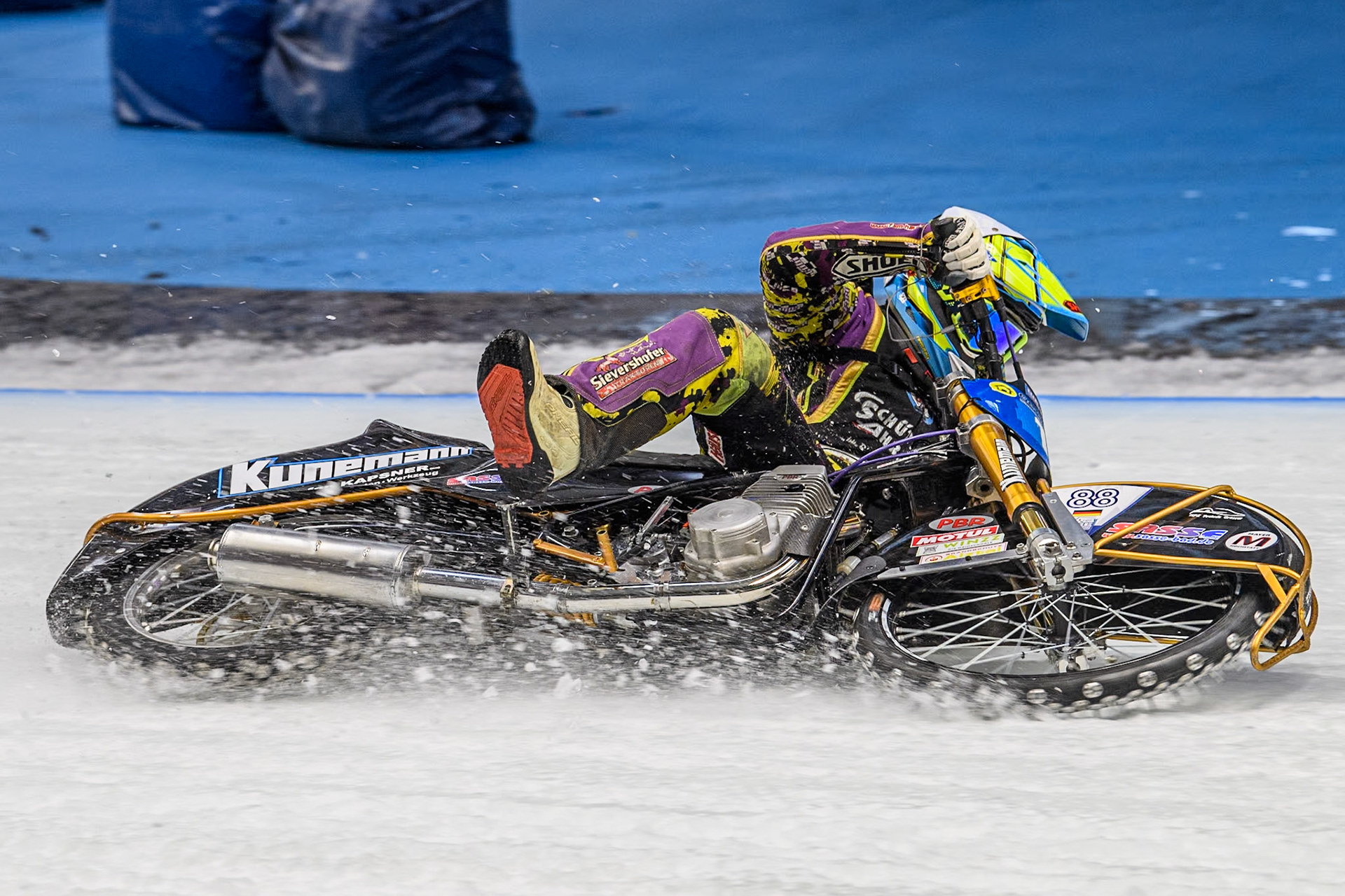 German Reserve Maximillian Neidermaier (19) slides off during the FIM Ice Speedway Gladiators World Championship Final 2 at the Max-Aicher-Arena, Inzell on Sunday 24 March 2024. (Photo: Ian Charles | MI News)
