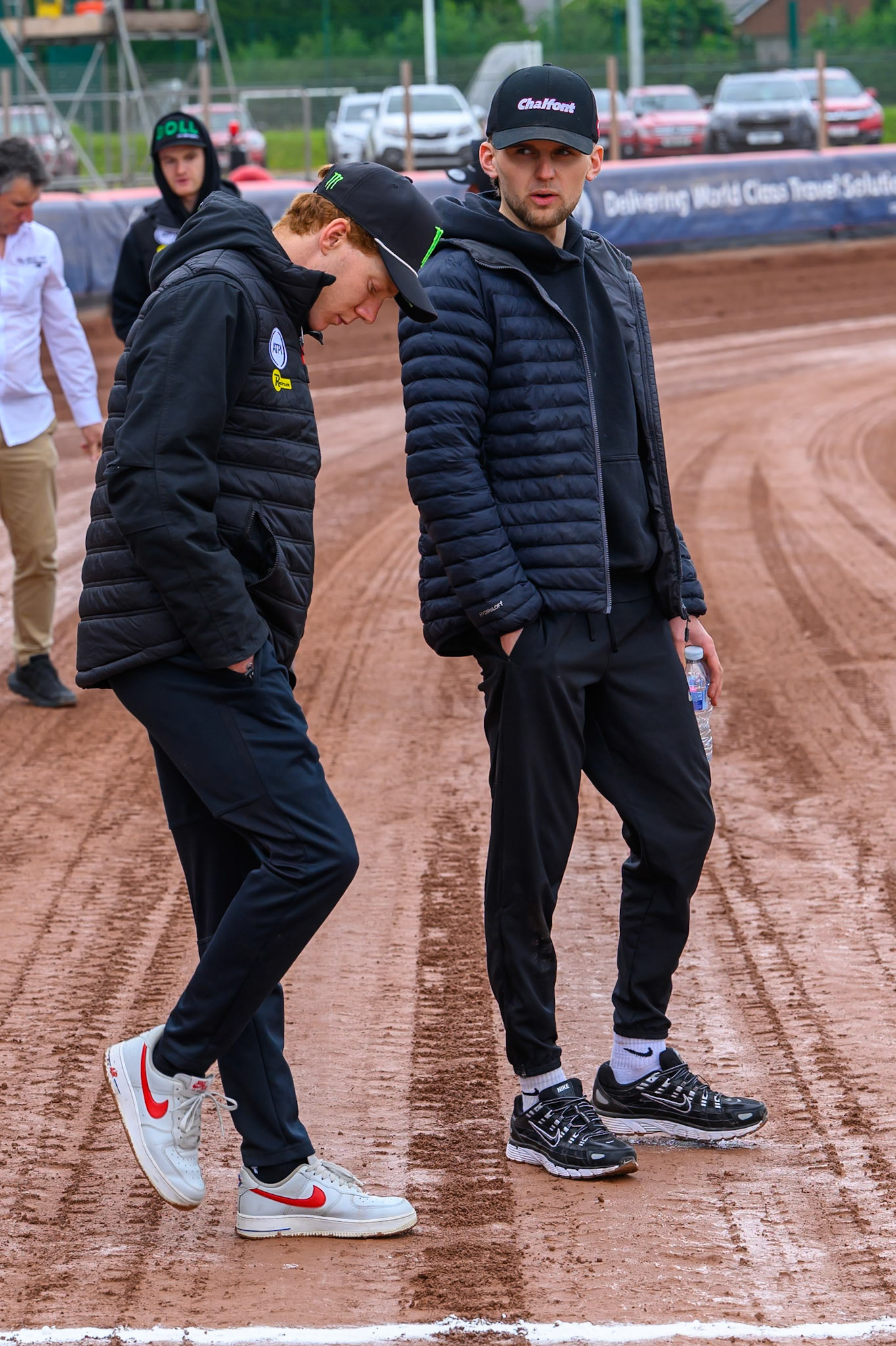 Dan Bewley of Belle Vue Aces (Left) and Leon Flint, Guest Rider for Belle Vue Aces check the starting gates in the prematch track walk during the Rowe Motor Oil Premiership match between Belle Vue Aces and Northampton Foxes at the National Speedway Stadium, Manchester on Monday 4th May 2026. (Photo: Ian Charles | MI News)