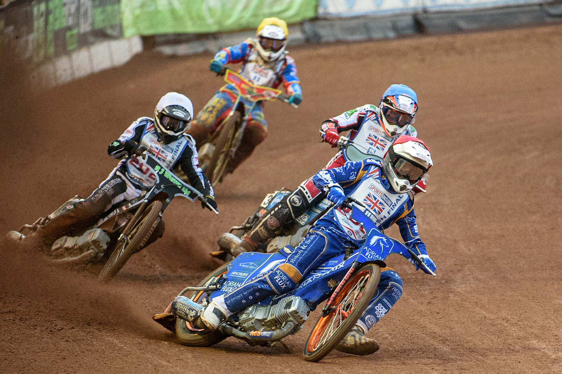 MANCHESTER, UK. AUGUST 16TH   Lewis Kerr  (Red) leads Danny King  (White), Steve Worrall  (Blue) and Simon Lambert  (Yellow) during the Sports Insure British Speedway Finals at the National Speedway Stadium, Manchester on Monday 16th August 2021. (Credit: Ian Charles | MI News)