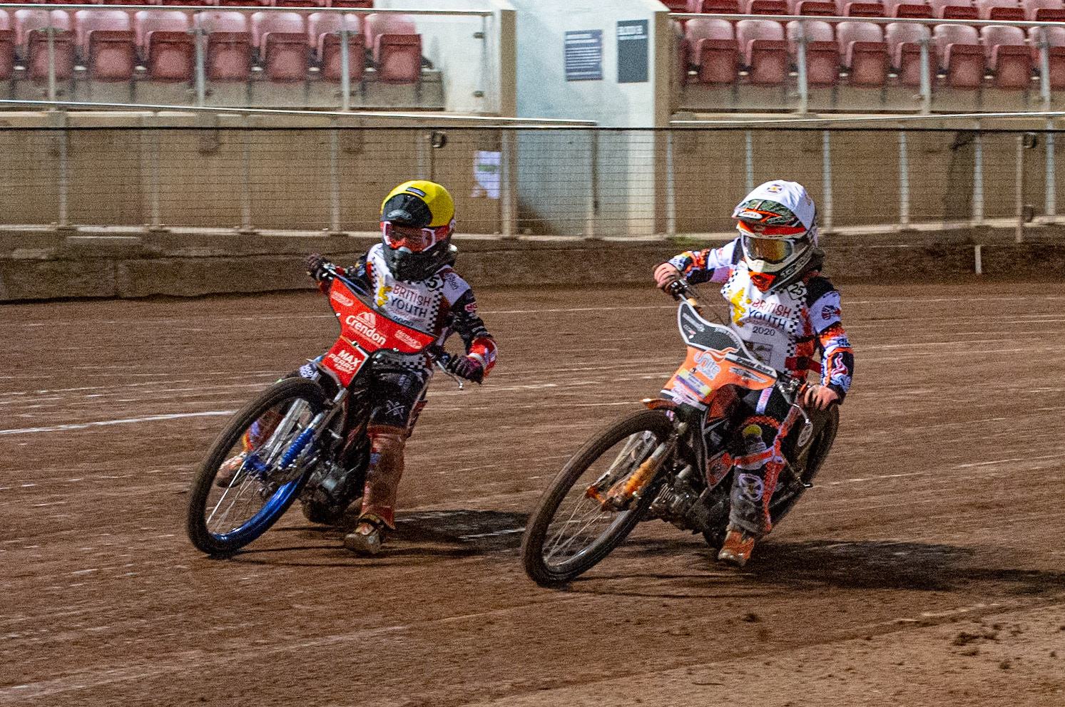Photo: Ian CharlesBen Trigger (White) inside Max Perry (Yellow) (125cc A Class)British Youth Speedway Championship (Round 5), National Speedway Stadium, Manchester Saturday  10  October  2020