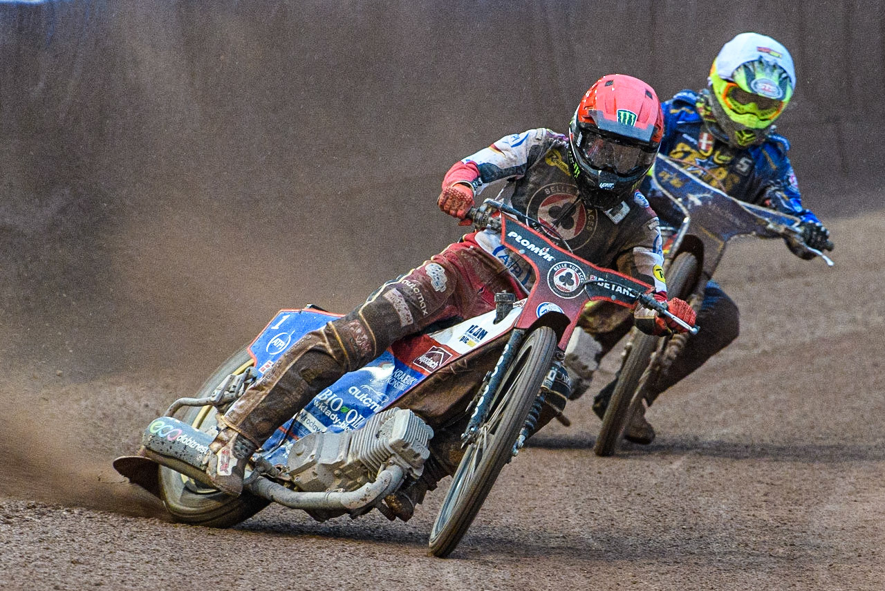 Dan Bewley (Red) leads Michael Palm Toft (Yellow) during the Sports Insure Premiership match between Belle Vue Aces and King's Lynn Stars at the National Speedway Stadium, Manchester on Monday 12th June 2023. (Photo: Ian Charles | MI News)