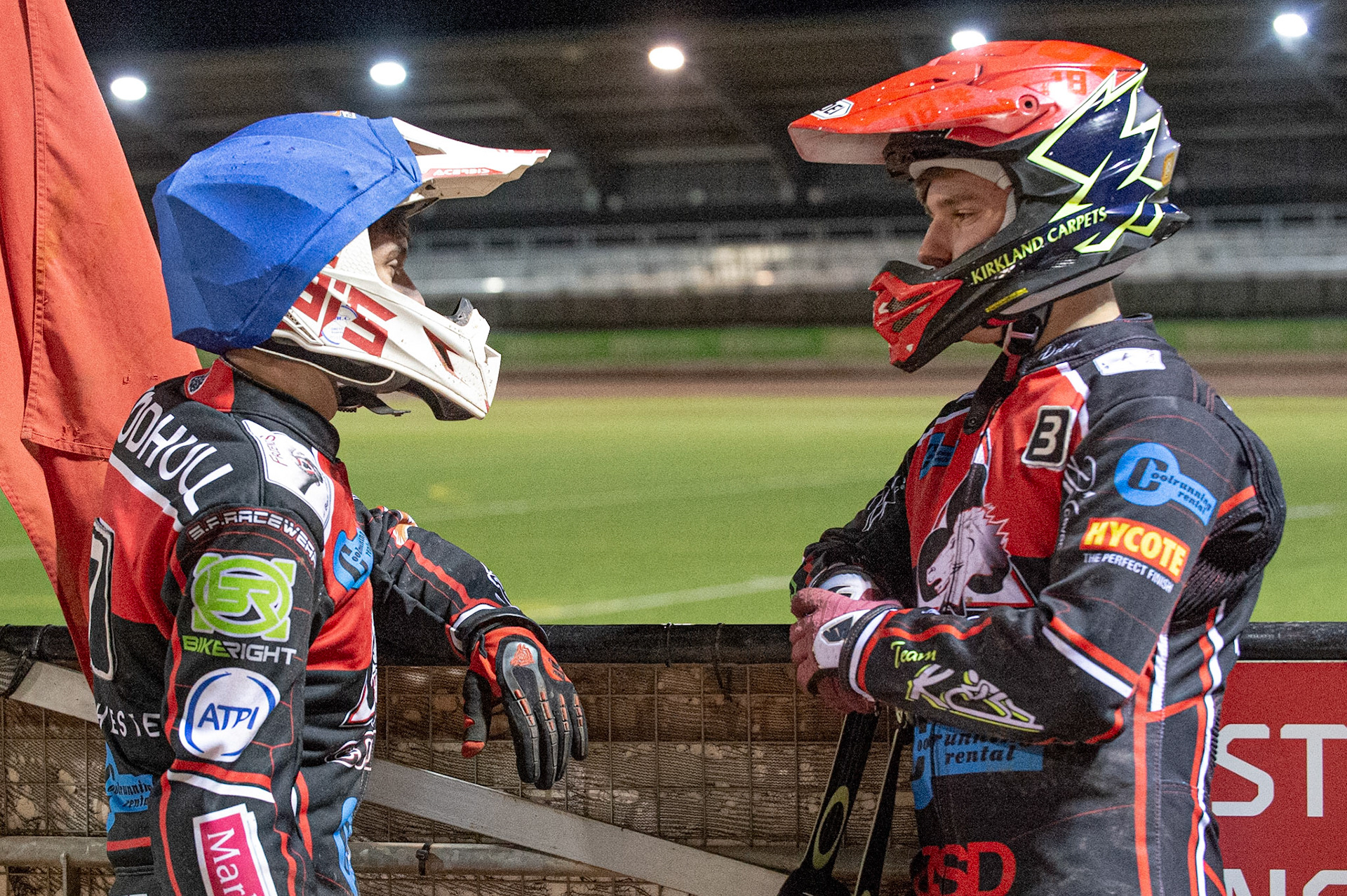 Photo: Ian Charles

Ben Woodhull (left) and Kyle Bickley   chat before their next heat

Belle Vue Colts v Leicester Lion Cubs, SGB National League KO Cup Final (2nd Leg), Belle Vue National Speedway Stadium, Manchester, Tuesday 29  October  2019