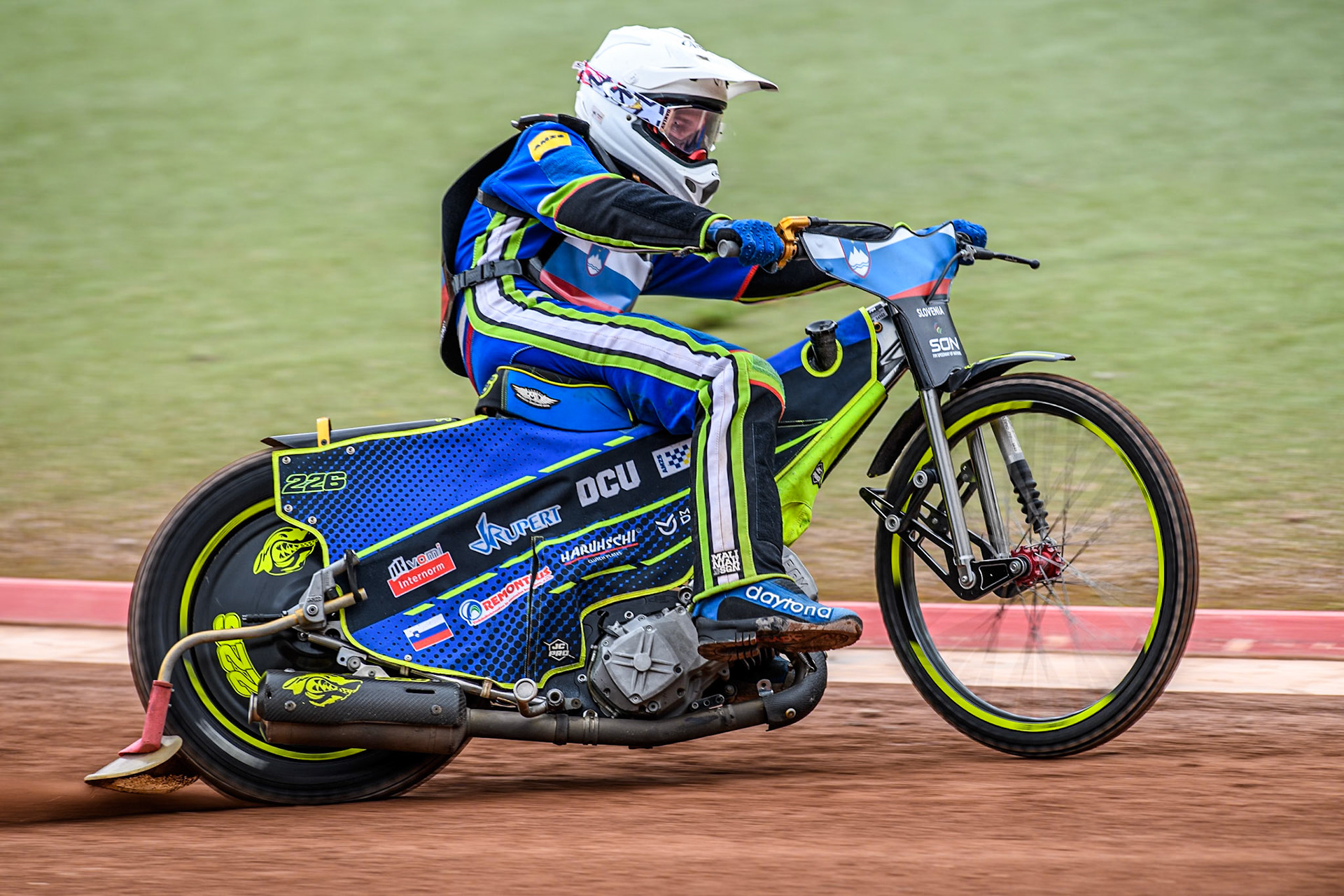 Anze Grmek of Slovenia practices during the Monster Energy FIM Speedway of Nation Semi Final 2 at the National Speedway Stadium, Manchester on Wednesday 10th July 2024. (Photo: Ian Charles | MI News)