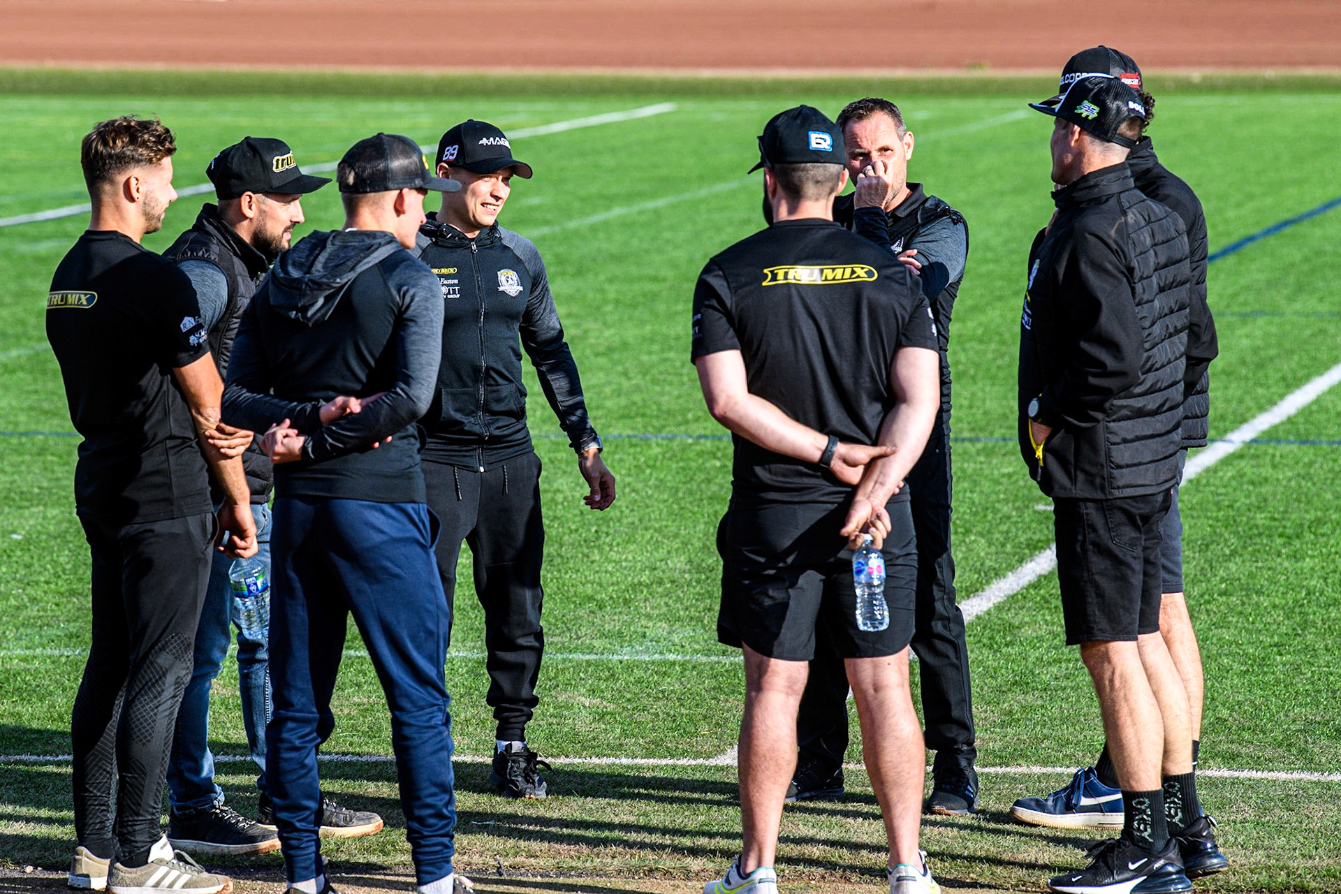 Ipswich TruMix Witches have a team meeting during the Sports Insure Premiership match between Belle Vue Aces and Ipswich Witches at the National Speedway Stadium, Manchester on Monday 17th July 2023. (Photo: Ian Charles | MI News)