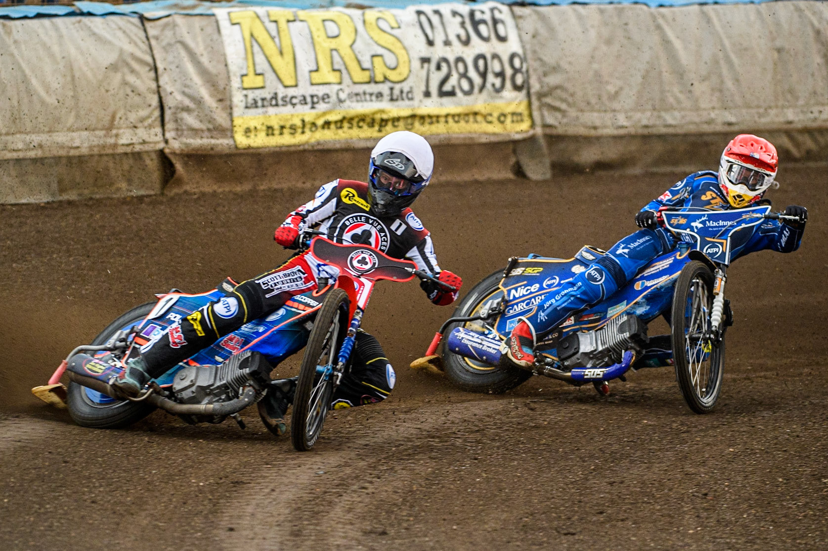 Brady Kurtz  (White) leads  Robert Lambert  (Red) during the Sports Insure Premiership match between King's Lynn Stars and Belle Vue Aces at the Adrian Flux Arena, King's Lynn on Thursday 24th August 2023. (Photo: Ian Charles | MI News)