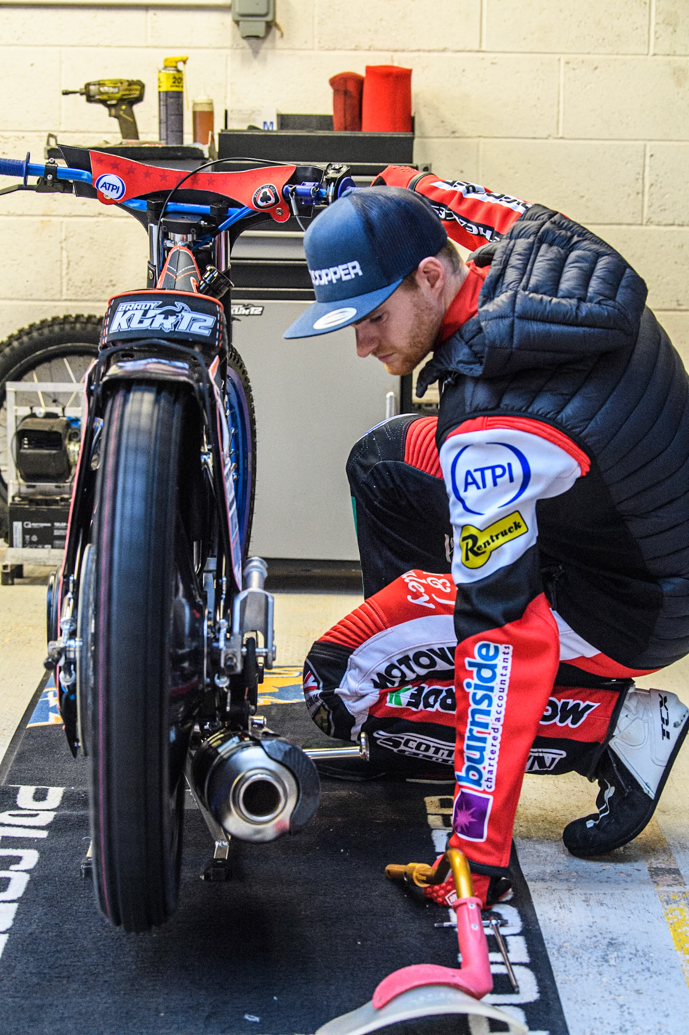 Brady Kurtz of Belle Vue Aces works on his bike during the Rowe Motor Oil Premiership match between Belle Vue Aces and Leicester Lions at the National Speedway Stadium, Manchester on Saturday 6th April 2024. (Photo: Ian Charles | MI News)