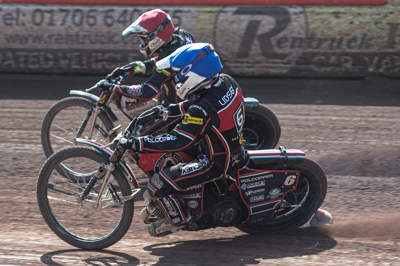 Photo: Ian Charles

Jaimon Lidsey  (Blue) inside Steve Worrall  (Red)

Belle Vue Aces v Kings Lynn Stars, British Speedway Premiership, Belle Vue National Speedway Stadium, Manchester, Monday 26  August  2019