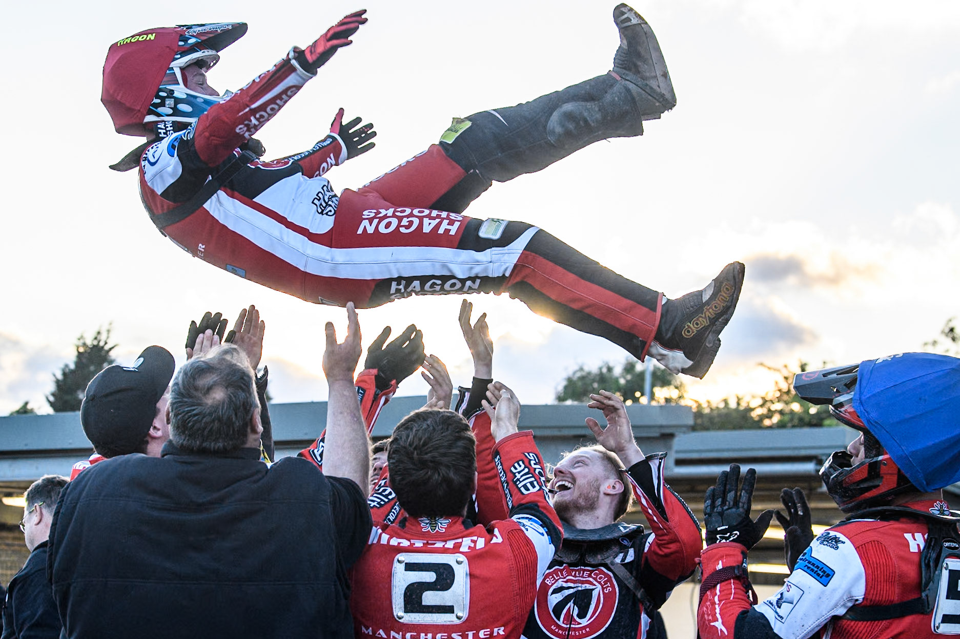 Belle Vue Colts' Sam Hagon gets the bumps after his 15 point maximum during the WSRA National Development League match between Belle Vue Colts and Middlesbrough Tigers at the National Speedway Stadium, Manchester on Monday 17th June 2024. (Photo: Ian Charles | MI News)
