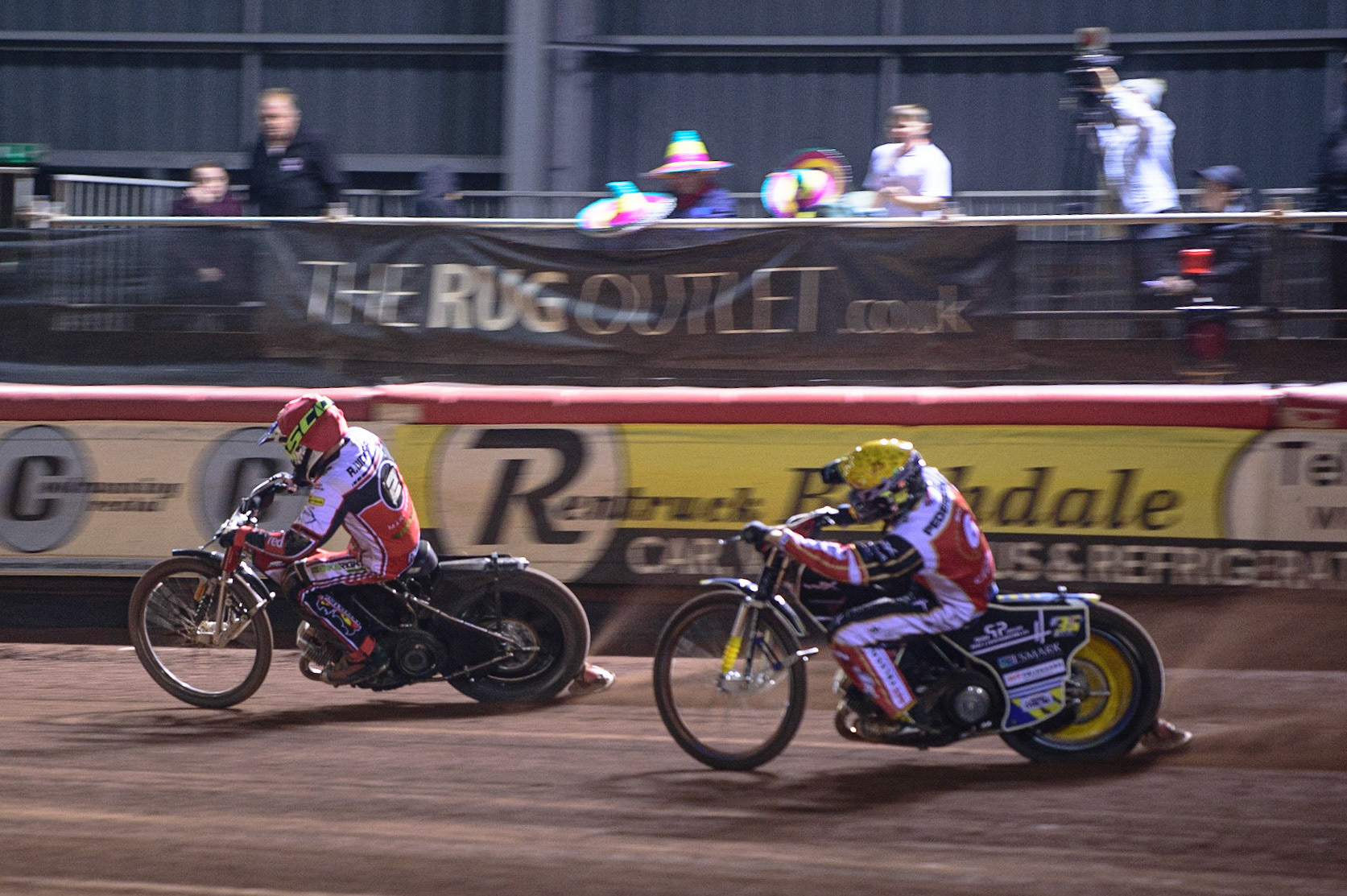 MANCHESTER, UK. OCT 11TH  Richie Worrall  (Red) leads Bjarne Pedersen  (Yellow) during the SGB Premiership Grand Final 1st Leg between Belle Vue Aces and Peterborough Panthers at the National Speedway Stadium, Manchester on Monday 11th October 2021. (Credit: Ian Charles | MI News)