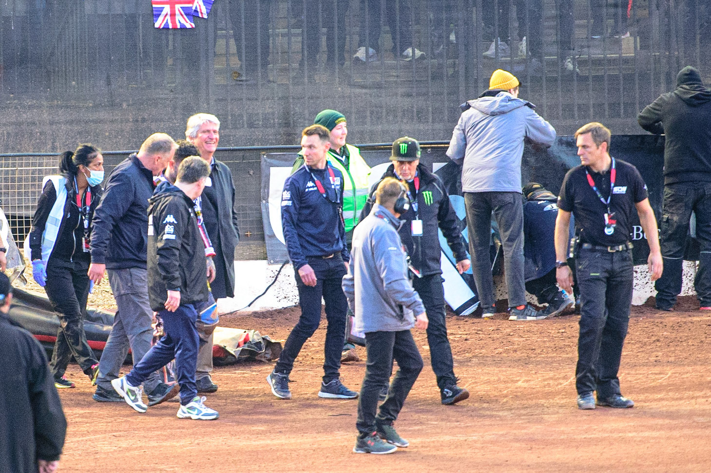 MANCHESTER, UK. OCT 16TH Tai Woffinden walks away from his crash with members of the Team GB support staff and medical staff during the Monster Energy FIM Speedway of Nations at the National Speedway Stadium, Manchester on Saturday  16th October 2021. (Credit: Ian Charles | MI News)