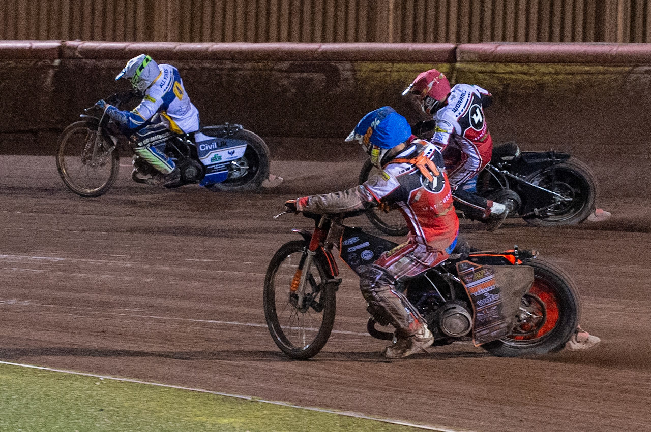 Photo: Ian CharlesJordan Palin (Blue) and Steve Worrall of Belle Vue 'BikeRight' Aces  (Red) chase Richie Worrall of the 'ATPI' All Stars (White) Belle Vue ‘Bikerite ’Aces v ‘ATPI’ All Stars, Premiership Challenge, National Speedway Stadium, Manchester Thursday  24  September  2020