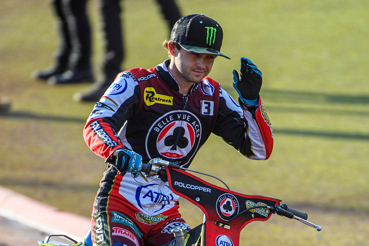Jaimon Lidsey on the parade lap during the Sports Insure Premiership match between Belle Vue Aces and Ipswich Witches at the National Speedway Stadium, Manchester on Monday 17th July 2023. (Photo: Ian Charles | MI News)