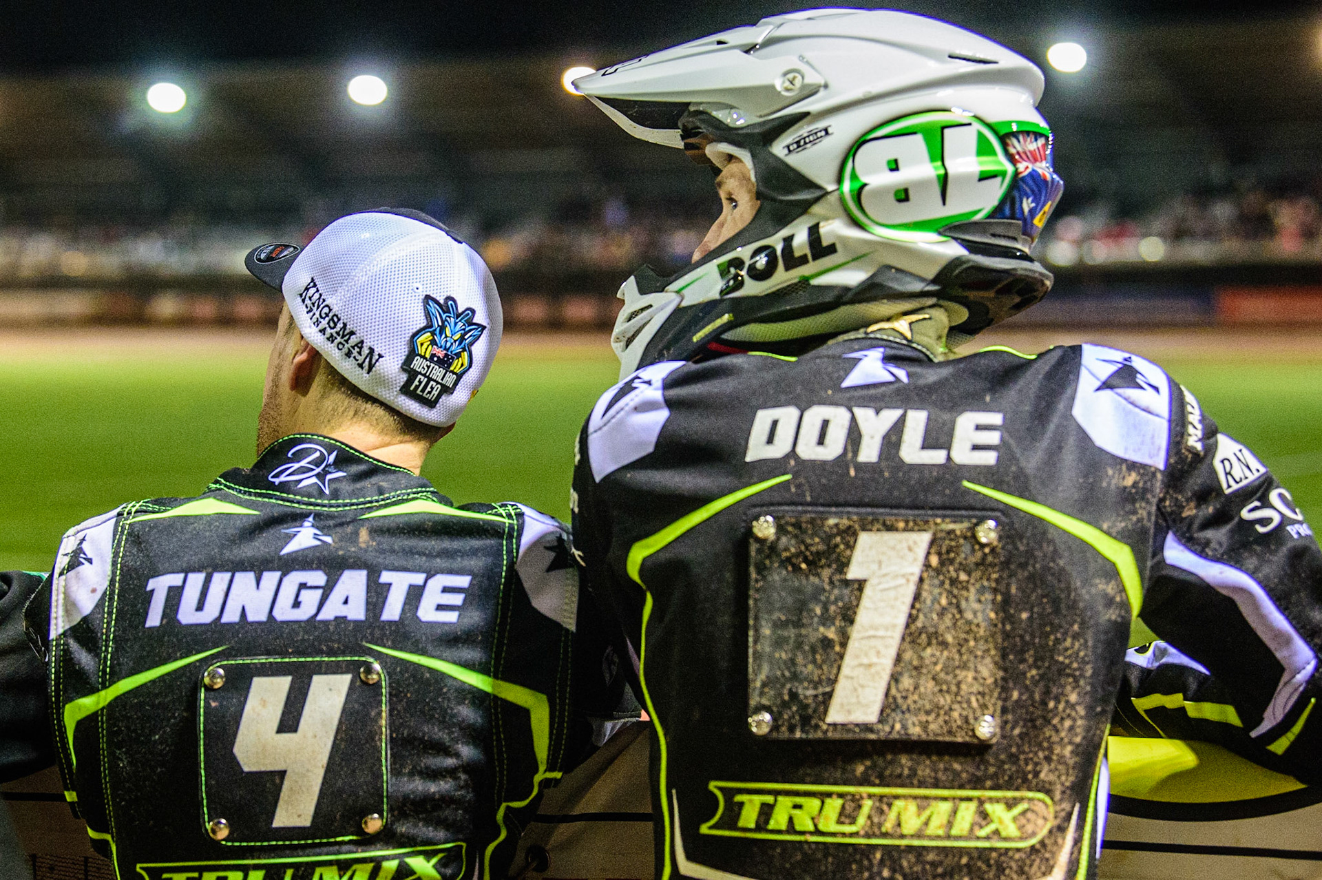 Rohan Tungate  (left) and Jason Doyle  watch the track prep during the SGB Premiership Semi Final 2nd Leg between Belle Vue Aces and Ipswich Witches at the National Speedway Stadium, Manchester on Monday 3rd October 2022. (Credit: Ian Charles | MI News)