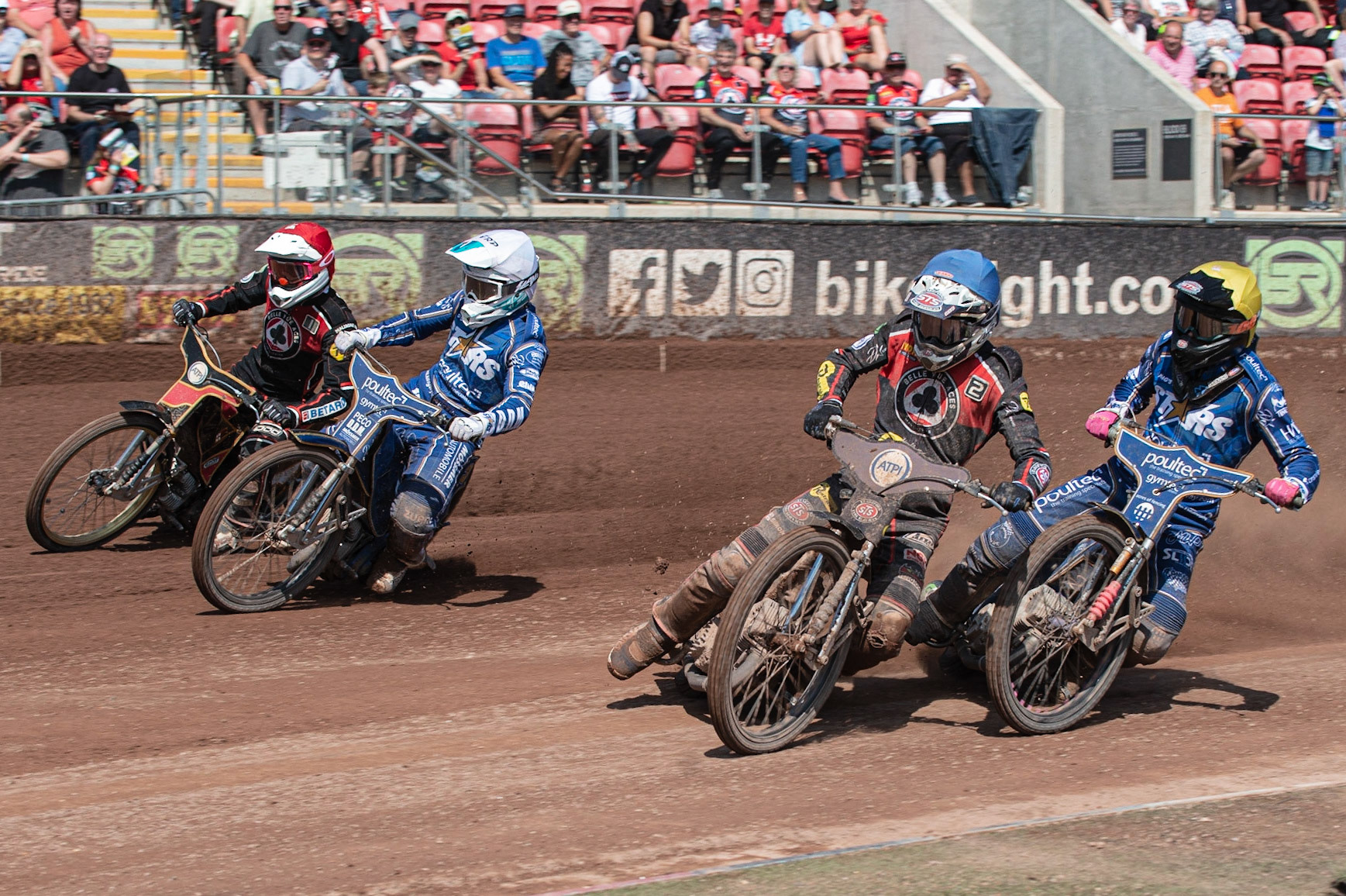 Photo: Ian Charles

Steve Worrall  (Blue) leads Thomas Jorgensen (Yellow) with Erik Riss  (White) and Max Fricke  (Red) on the outside

Belle Vue Aces v Kings Lynn Stars, British Speedway Premiership, Belle Vue National Speedway Stadium, Manchester, Monday 26  August  2019