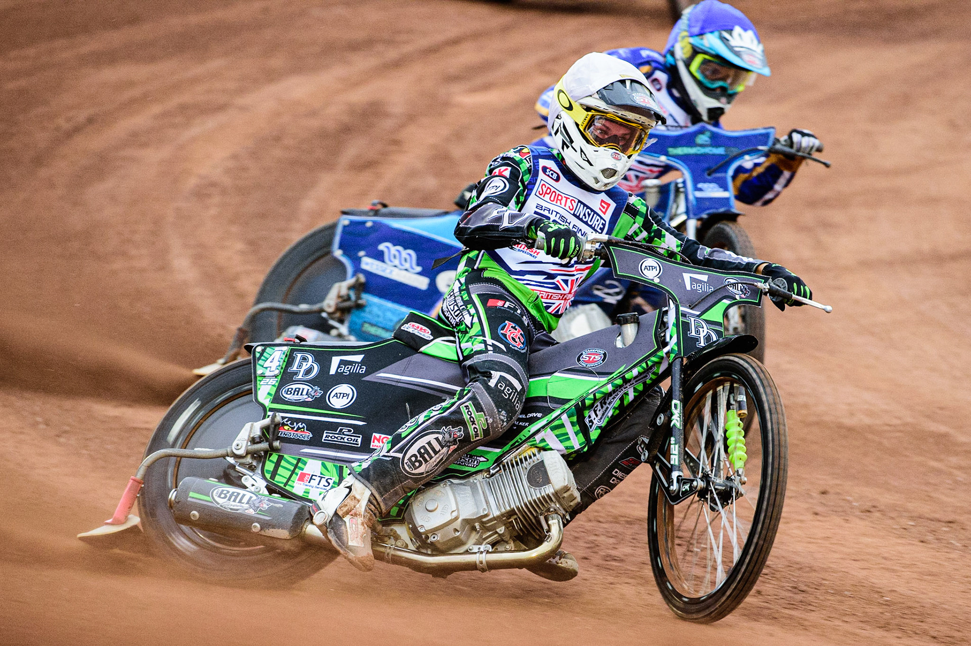 Charles Wright  (White) leads Richard Lawson (Blue) during the Sports Insure British Speedway Championship Final at the National Speedway Stadium, Bellevue, Manchester, England on Monday 1st August 2022. (Photo by: Ian Charles | MI News)