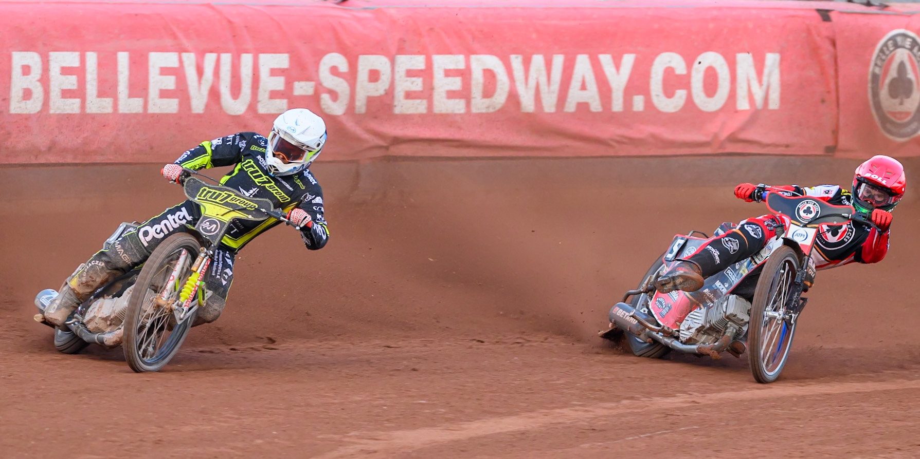 Ipswich Witches' Emil Saifutdinov  in White leading Belle Vue Aces' Brady Kurtz  in Red during the Rowe Motor Oil Premiership match between Belle Vue Aces and Ipswich Witches at the National Speedway Stadium, Manchester on Monday 30th June 2025. (Photo: Ian Charles | MI News)