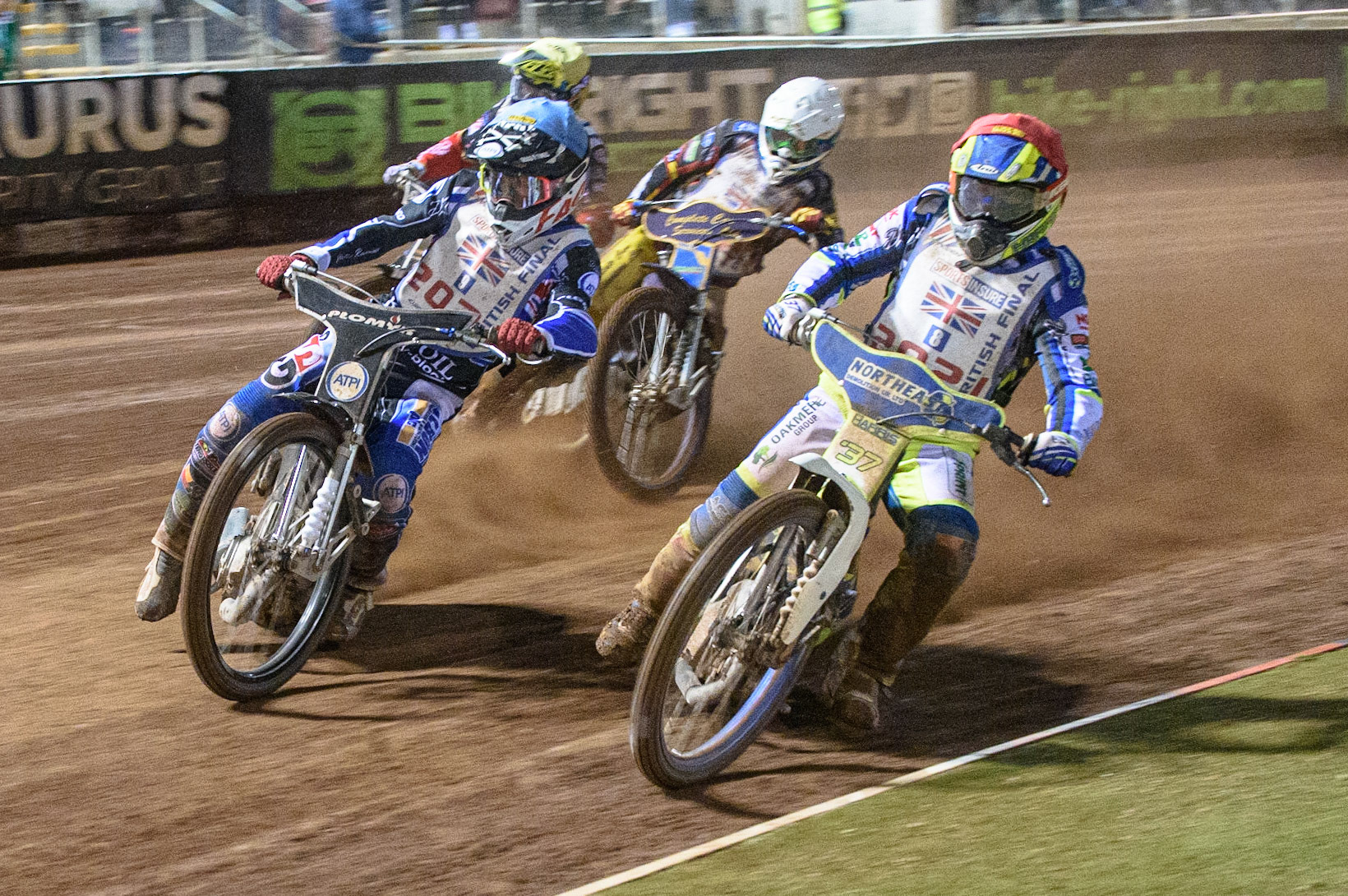 MANCHESTER, UK. AUGUST 16TH   The Semi Final, and Chris Harris  (Red) and Dan Bewley  (Blue) battle for the lead with Kyle Howarth  (White) and Scott Nicholls  (Yellow) during the Sports Insure British Speedway Finals at the National Speedway Stadium, Manchester on Monday 16th August 2021. (Credit: Ian Charles | MI News)