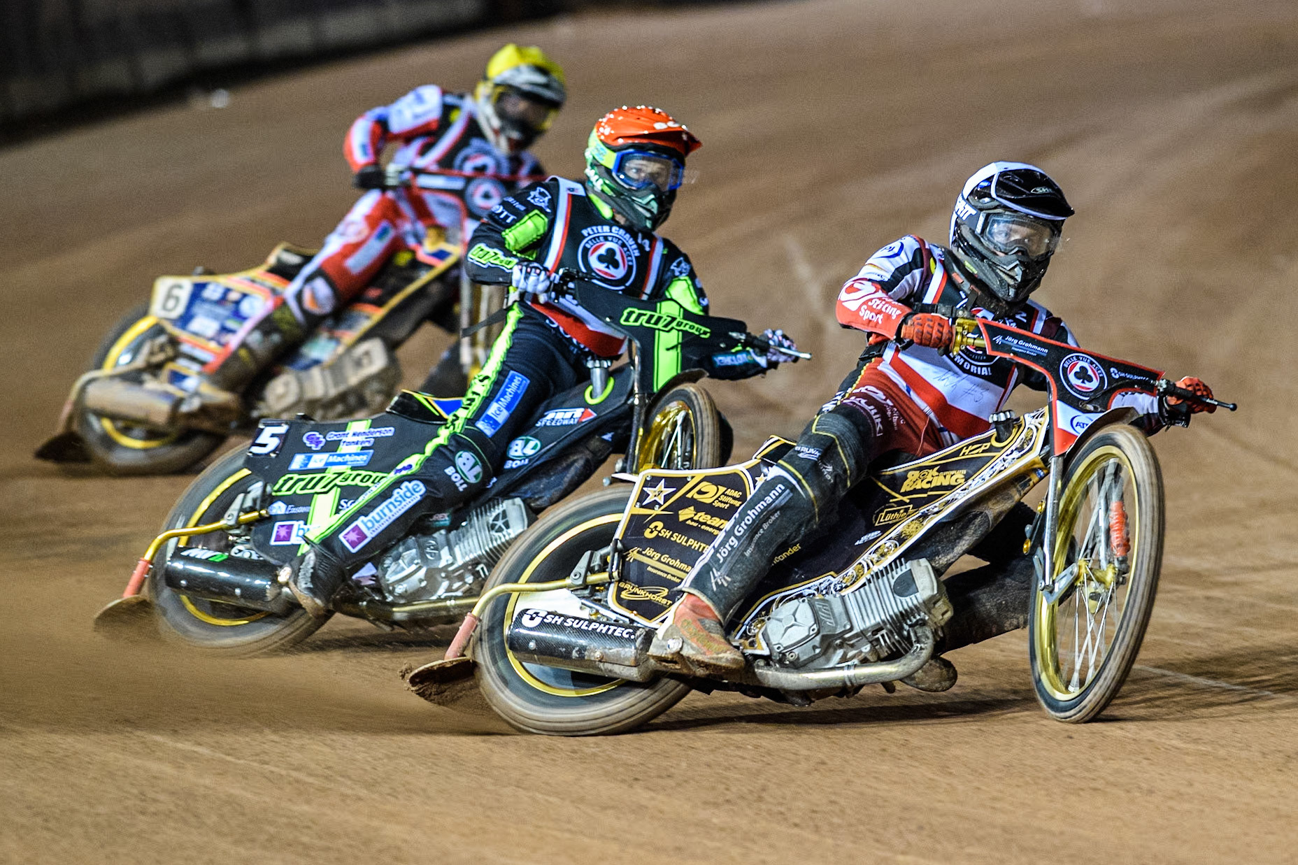 Germany's Norick Blödorn (White) leads  Australia's Jason Doyle (Red) and England's Connor Mountain (Yellow) during the Peter Craven Memorial Trophy meeting at the National Speedway Stadium, Manchester on Monday 18th March 2024. (Photo: Ian Charles | MI News)