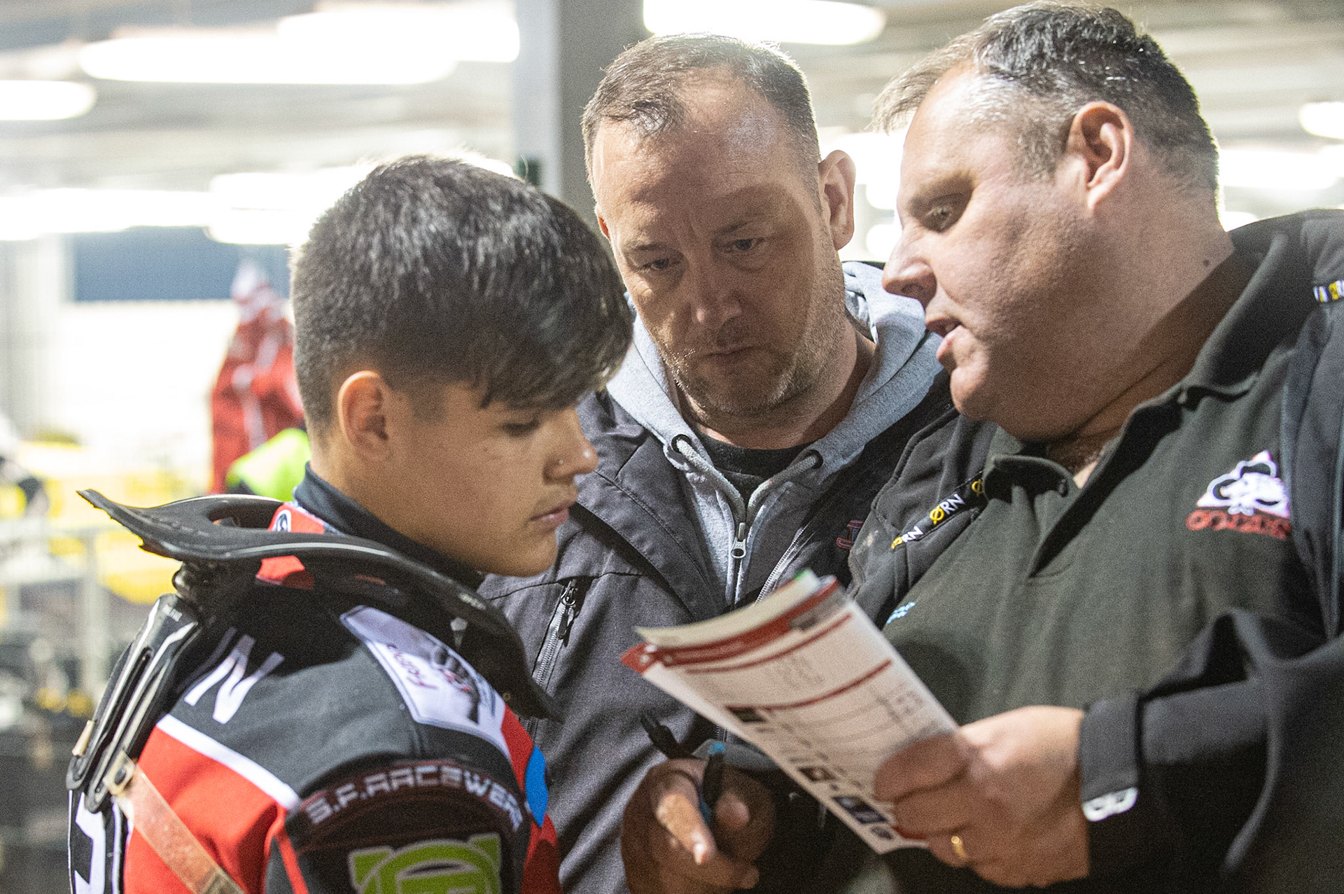 Photo: Ian Charles

Jordan Palin  (left) discusses tactics with Colts manager Steve Williams 

Belle Vue Colts v Cradley Heathens, SGB National League KO Cup Semi Final 2nd Leg, Belle Vue National Speedway Stadium, Manchester, Wednesday 18  September  2019