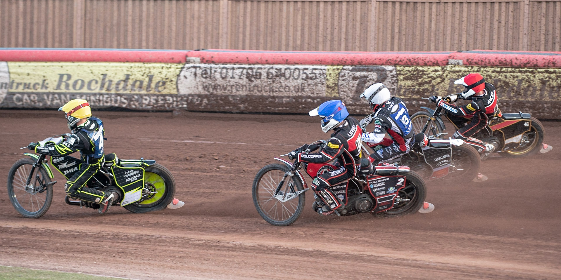 Photo by Ian Charles

Nicolai Klindt  (Yellow) leads Jaimon Lidsey  (Blue), Nicolai Klindt  (White) and Max Fricke  (Red)

Belle Vue Aces v Poole Pirates, British Speedway Premiership, Belle Vue National Speedway Stadium, Manchester, Monday 1  July  2019
