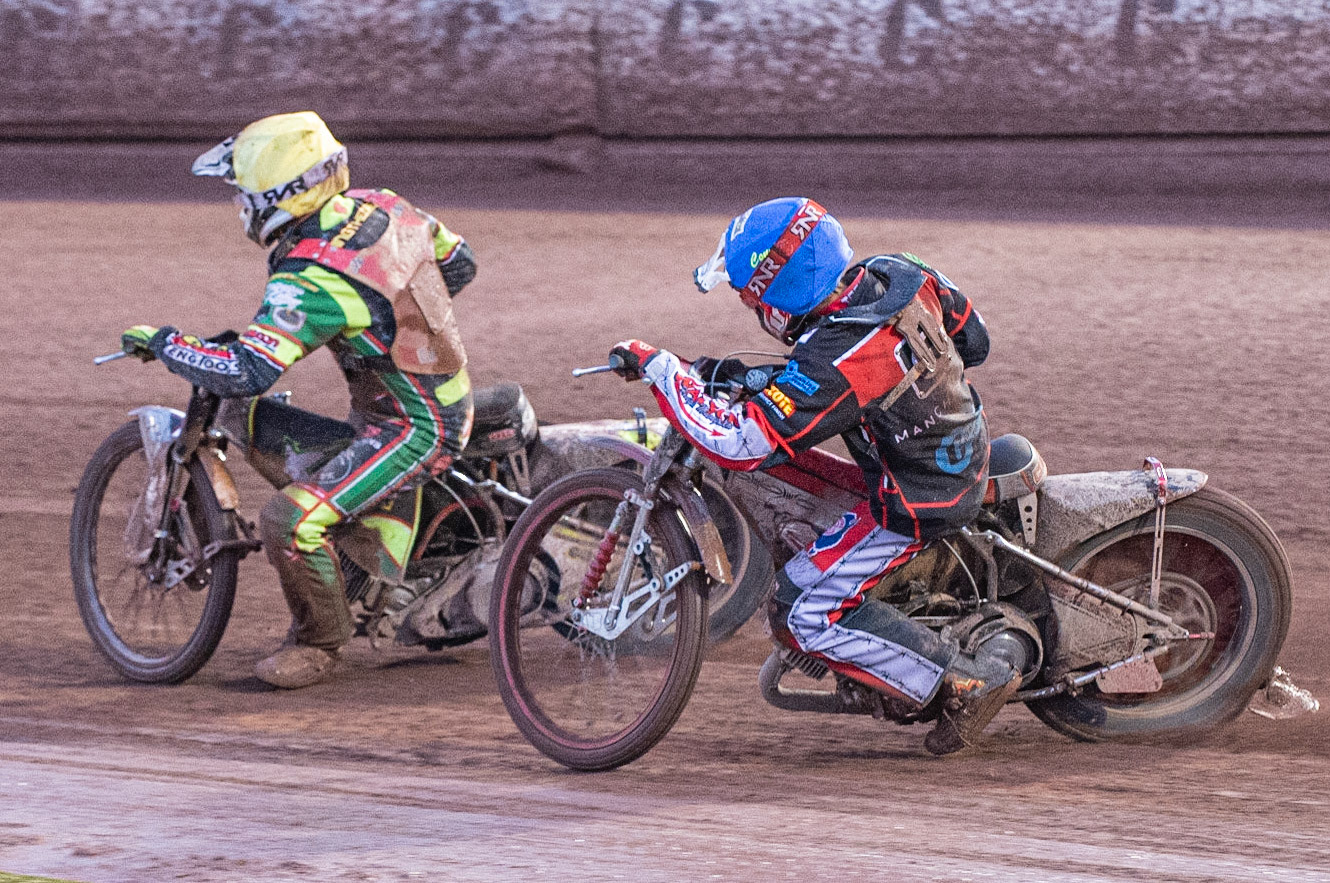 Photo: Ian Charles

David Wallinger (White) leads Connor Bailey  (Blue)

Belle Vue Colts v Kent Kings, SGB National League, Belle Vue National Speedway Stadium, Manchester, Thursday 1  August  2019