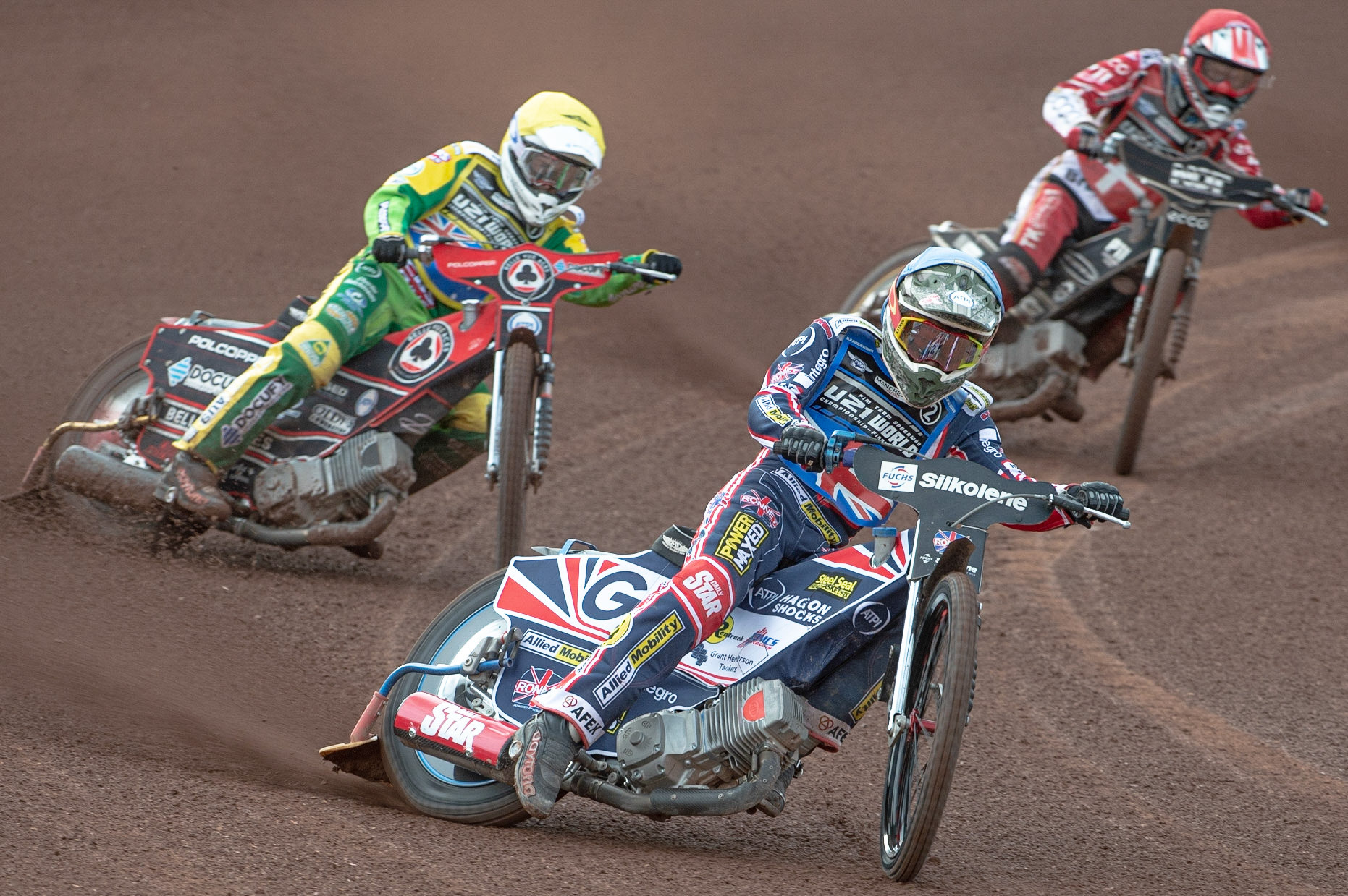 Photo: Ian Charles

Dan Bewley (Blue) leads Jaimon Lidsey  (Yellow), and Mads Hansen (Red)

FIM Team Speedway U-21 World Championship, National Speedway Stadium, Manchester Friday 12 July  2019
