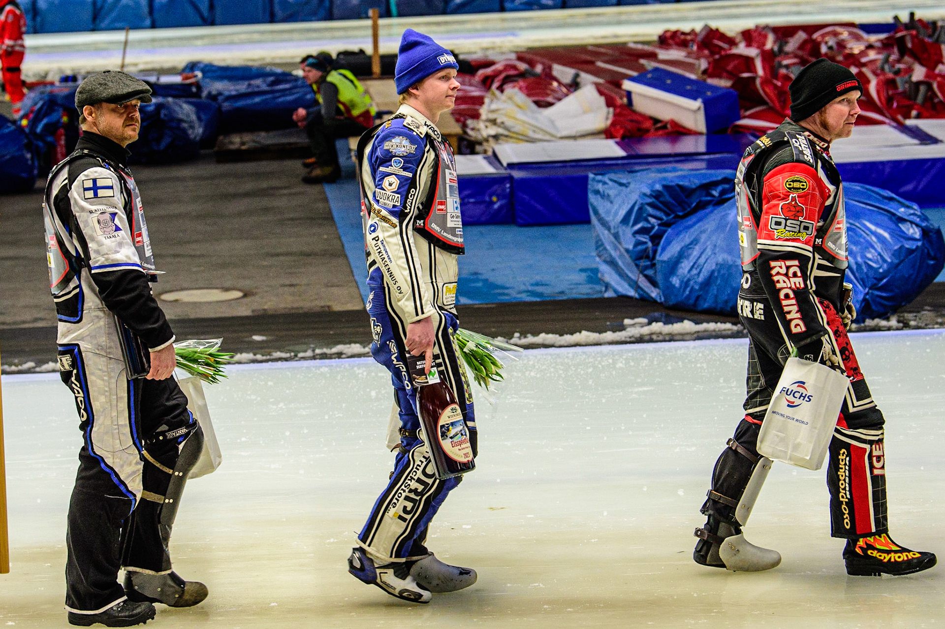 (l-r) Mats Järf (74), Max Koivula (24) and Jo Saetre (357) on the re-meeting parade during the Ice Speedway Gladiators World Championship Final 1 at Max-Aicher-Arena, Inzell, Germany on Saturday 18th March 2023. (Photo: Ian Charles | MI News)