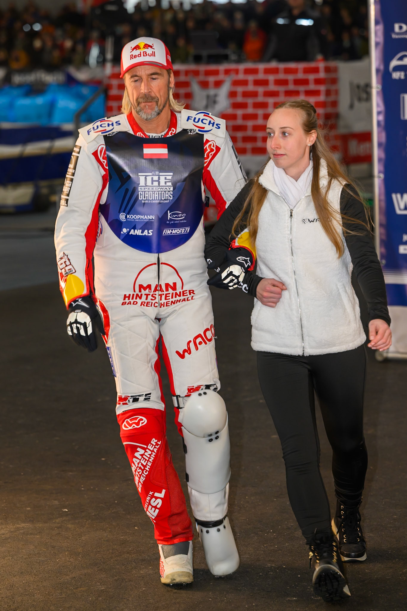 Franz Zorn (100) of Austria is accompanied by a start girl  during the Ice Speedway Gladiators World Championship Final 2 at Max-Aicher-Arena, Inzell on Sunday 15th March 2026. (Photo: Ian Charles | MI News)