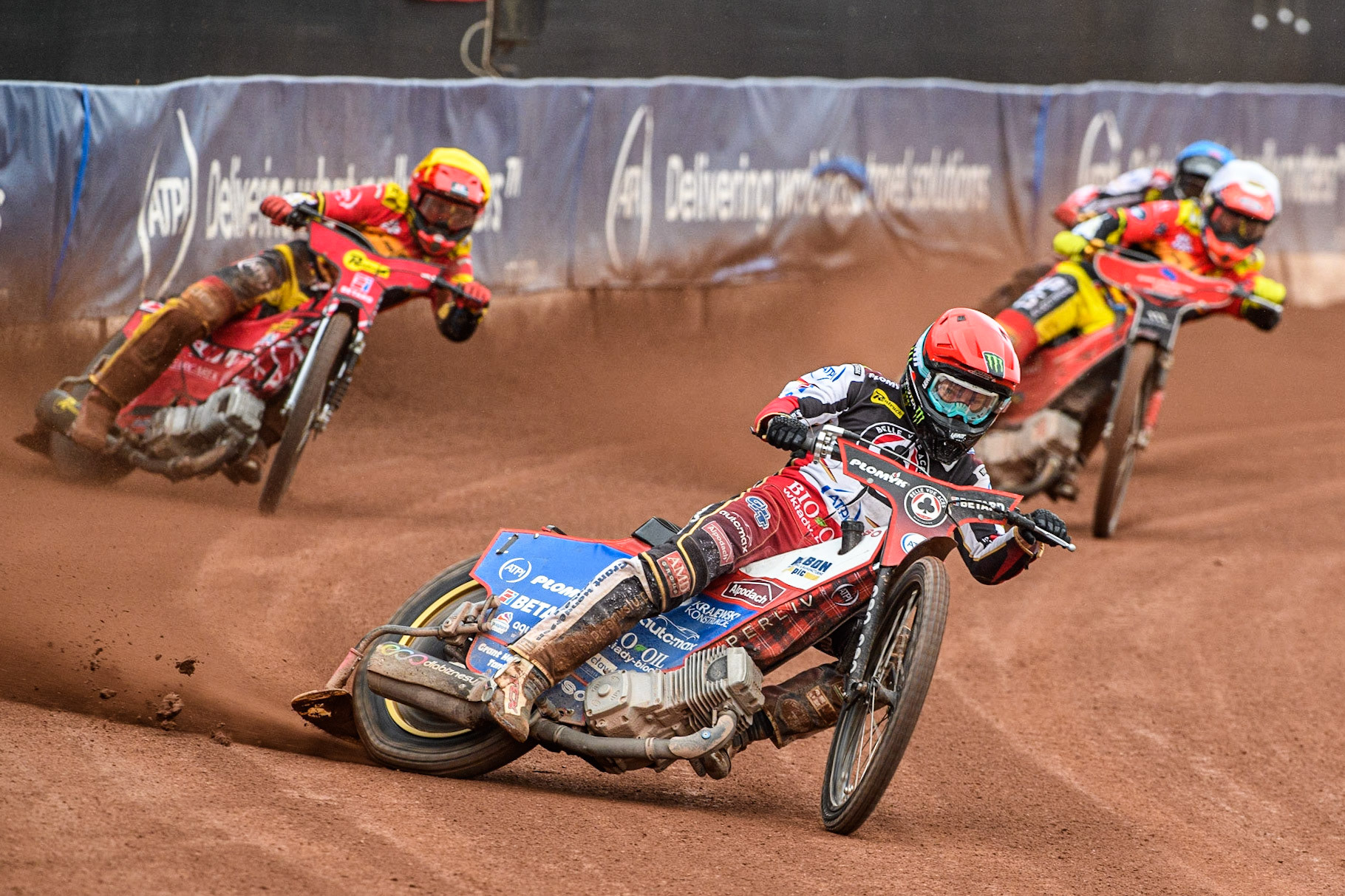 Dan Bewley (Red) leads  Richie Worrall (White) Max Fricke (Yellow) and Norick Blodorn (Blue) during the Sports Insure Premiership match between Belle Vue Aces and Leicester Lions at the National Speedway Stadium, Manchester on Monday 28th August 2023. (Photo: Ian Charles | MI News)