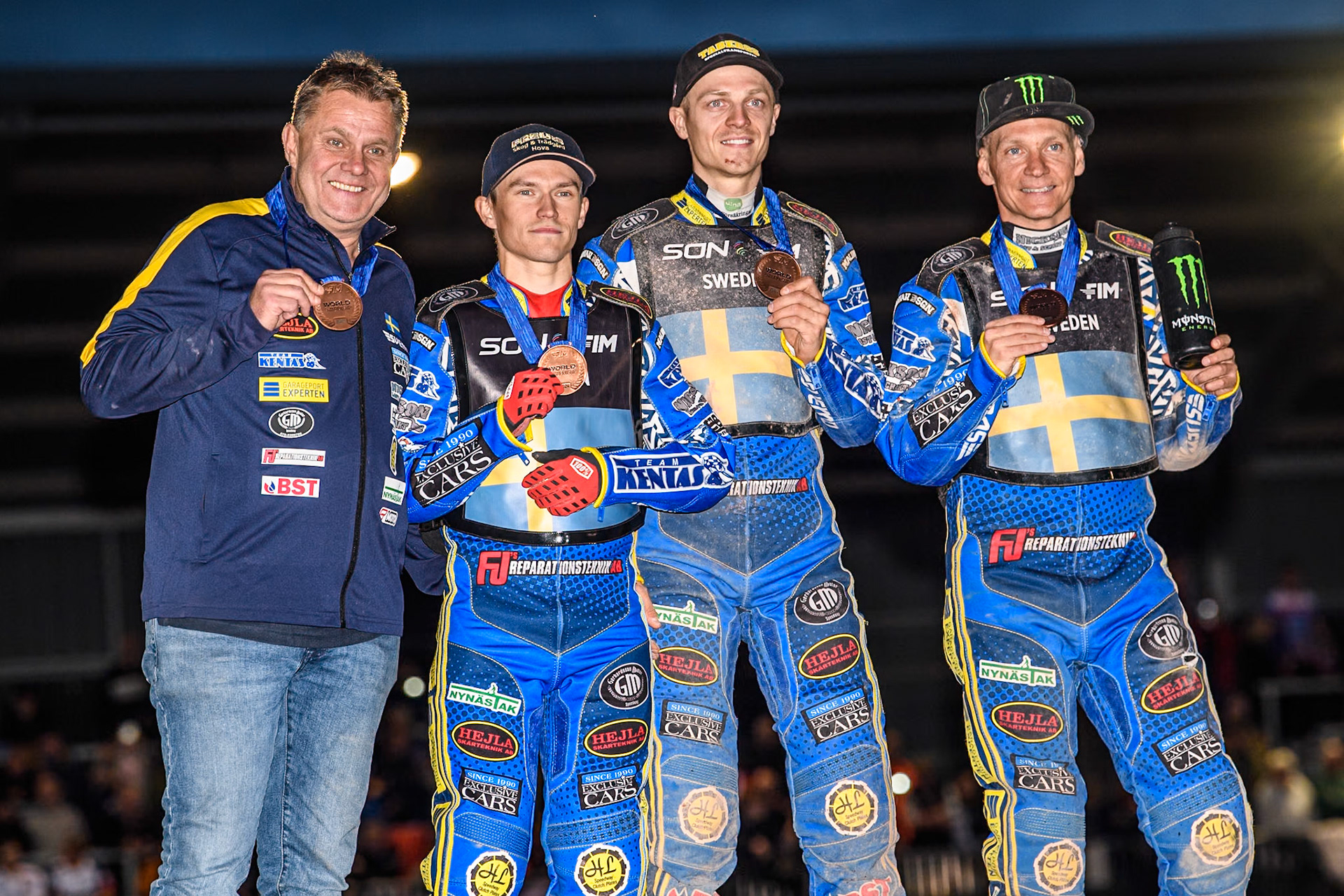 SWEDEN - 3rd place: (L to R) Swedish Team manager, Morgan Andersson, Oliver Berntzon, Jacob Thorssell and Fredrik Lindgren during the Monster Energy FIM Speedway of Nation Final at the National Speedway Stadium, Manchester on Saturday 13th July 2024. (Photo: Ian Charles | MI News)