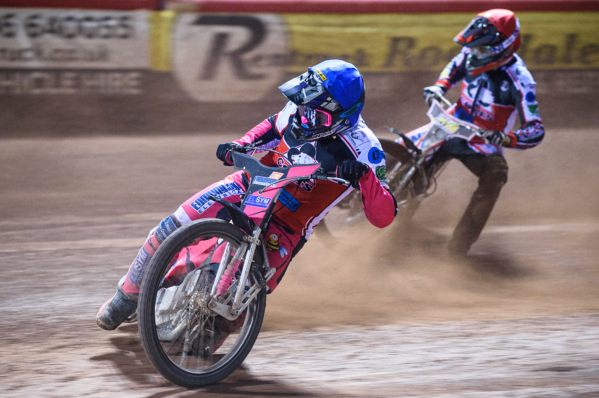 MANCHESTER, SEPT 3RD. Sam Woolley  (Blue) leads Jack Parkinson-Blackburn  (Red) behind during the National Development League match between Belle Vue Aces and Mildenhall Fens Tigers at the National Speedway Stadium, Manchester on Friday 3rd September 2021. (Credit: Ian Charles | MI News)