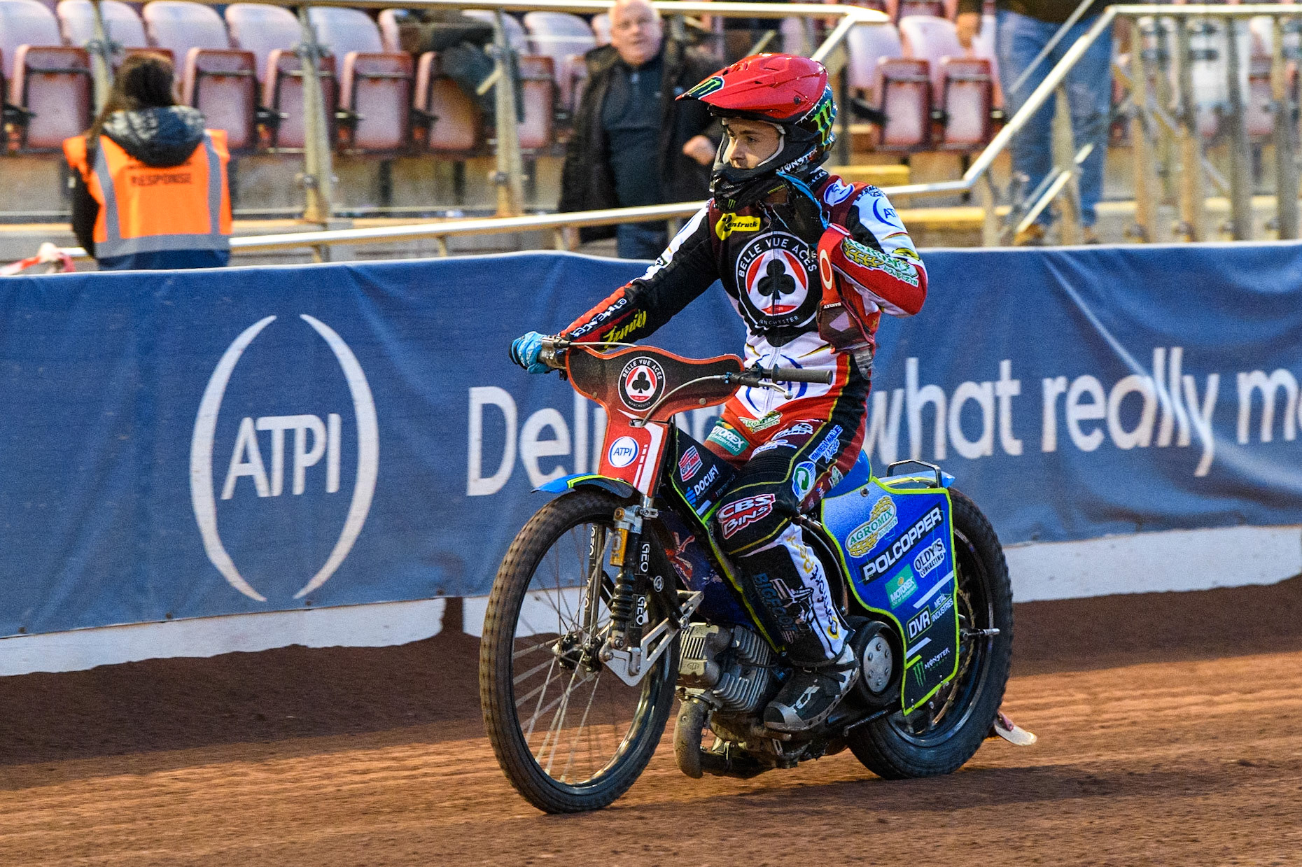 Jaimon Lidsey waves to the fans during the Sports Insure Premiership Knock Out Cup Quarter Final 2nd Leg between Belle Vue Aces and Wolverhampton Wolves at the National Speedway Stadium, Manchester on Thursday 18th May 2023. (Photo: Ian Charles | MI News)