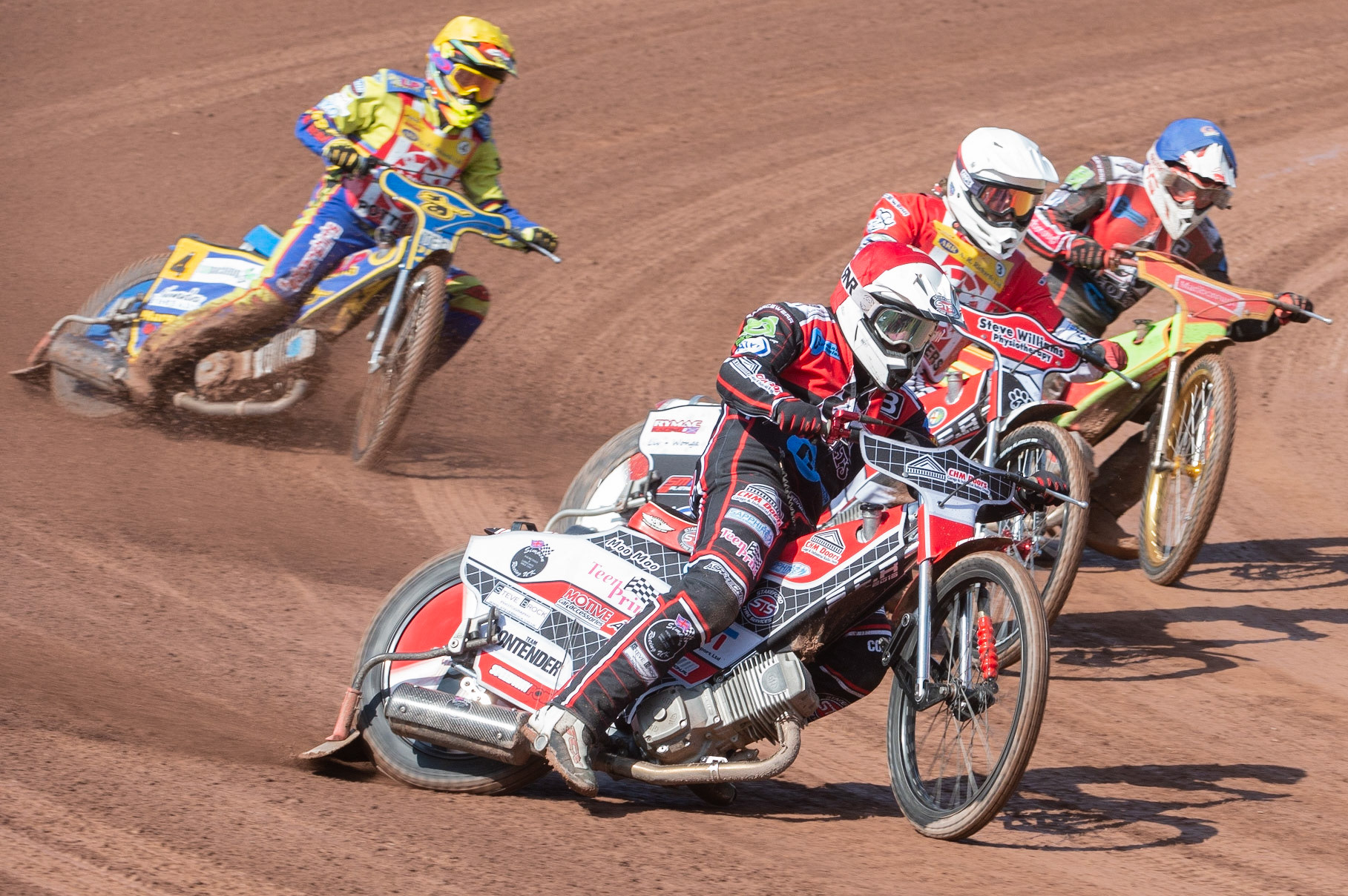 Photo: Ian Charles

Belle Vue Colts’ Danny Phillips (Red) and Ben Woodhull (Blue) on their way to maximum points against Stoke’s Luke Chessell (White) and Luke Priest (Yellow)

Belle Vue Colts v Stoke Potters, National League, Belle Vue National Speedway Stadium, Manchester, Friday 19  April  2019