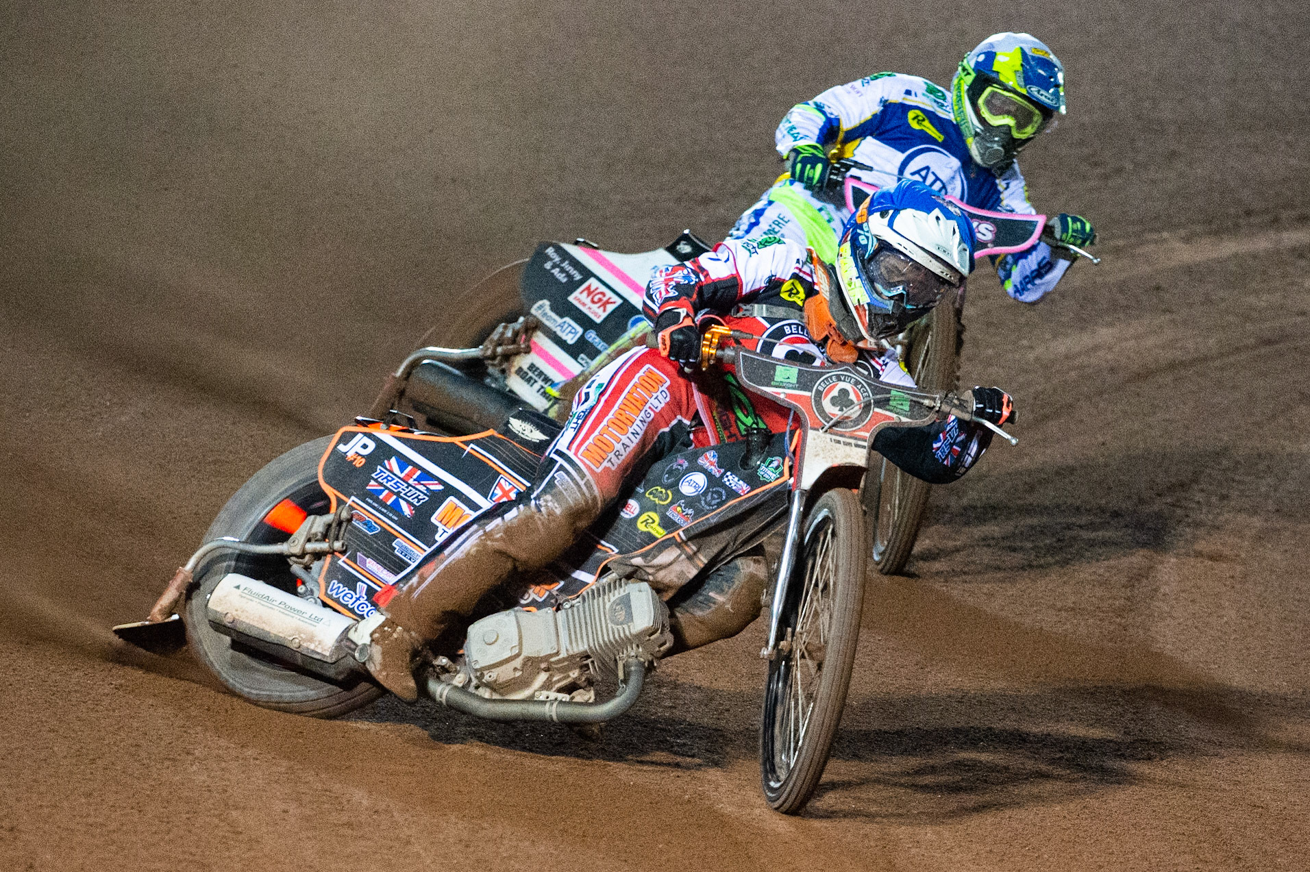 Photo: Ian CharlesJordan Palin of Belle Vue 'BikeRight' Aces (Blue) leads Chris Harris of the 'ATPI' All StarsBelle Vue ‘Bikerite ’Aces v ‘ATPI’ All Stars, Premiership Challenge, National Speedway Stadium, Manchester Thursday  24  September  2020