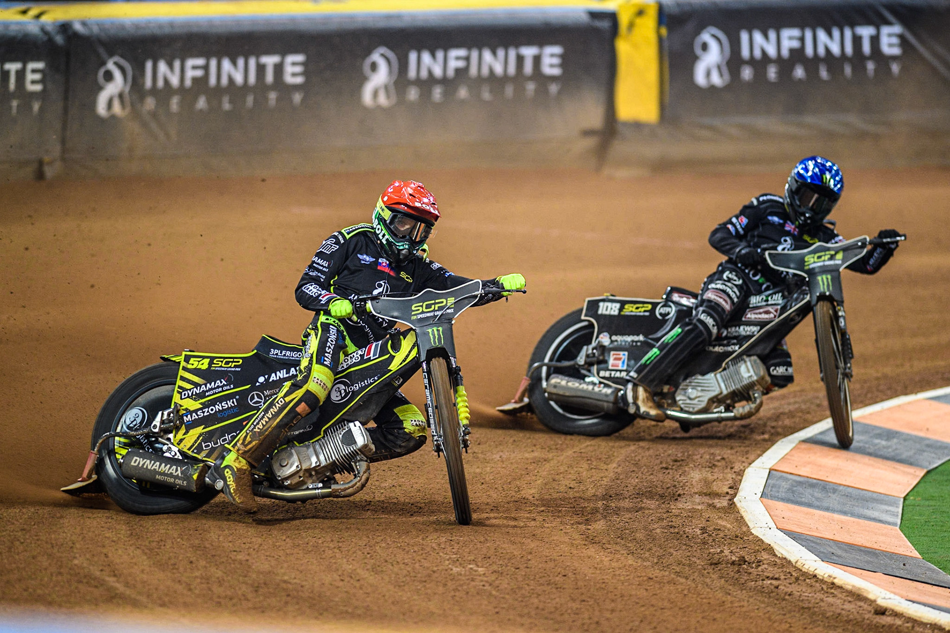 Martin Vaculik (54) (Red) leads  Tai Woffinden (108) (Blue) during the FIM Speedway Grand Prix of Great Britain at the Principality Stadium, Cardiff on Saturday 2nd September 2023. (Photo: Ian Charles | MI News)