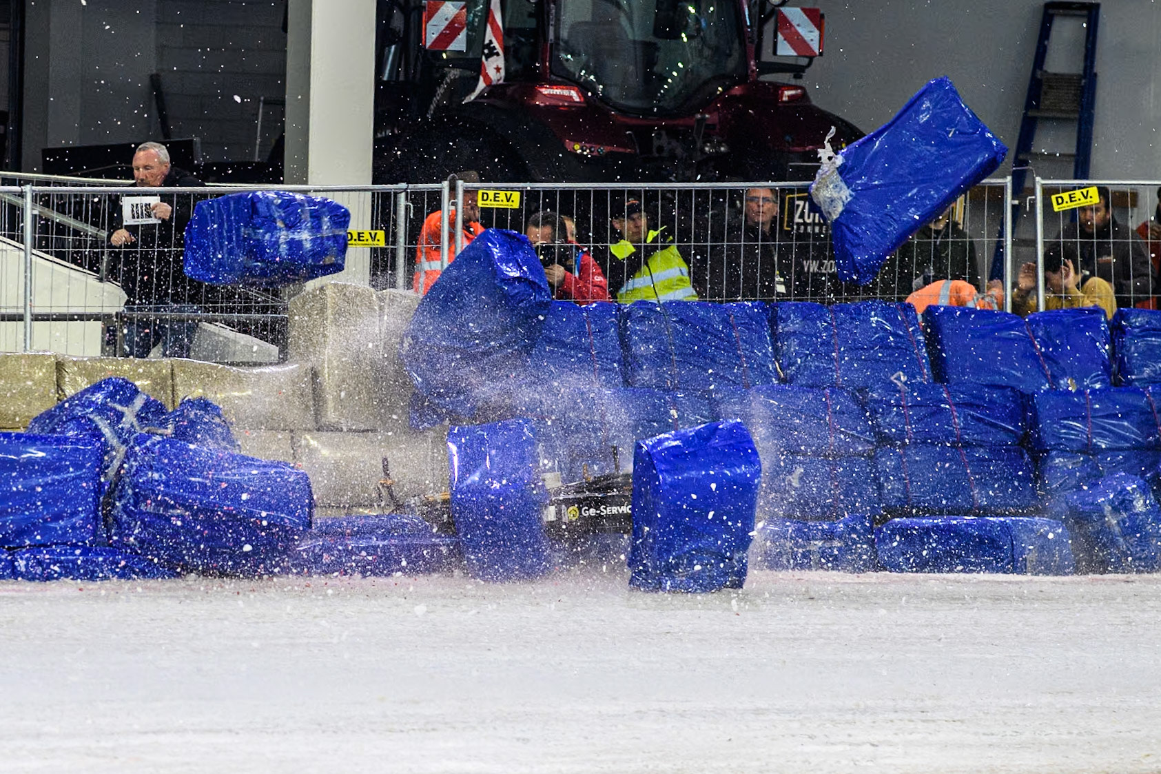 Germany's Max Niedermaier (88) crashes into the bales during the FIM Ice Speedway Gladiators World Championship Final 4 at Ice Rink Thialf, Heerenveen on Sunday 7th April 2024. (Photo: Ian Charles | MI News)