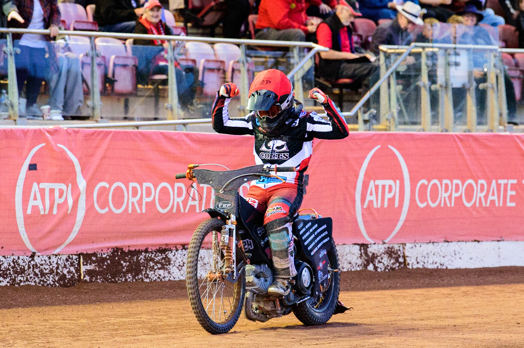 Jack Smith  celebrates his hard fought win in Heat 11during the National Development League match between Belle Vue Aces and Leicester Lions at the National Speedway Stadium, Manchester on Friday 19th August 2022. (Credit: Ian Charles | MI News)