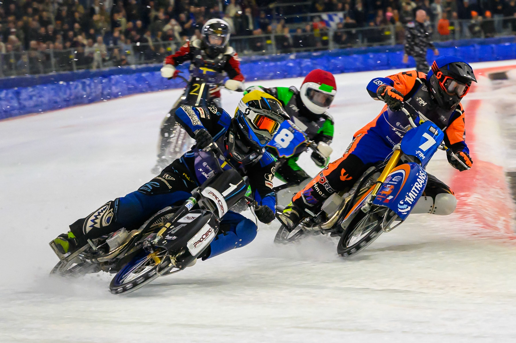Sweden v Czechia: Niclas Svensson (1) of Sweden  in Yellow rides outside Lukáš Hutla (7) of Czechia  in Blue with Andrej Diviš (8) of Czechia in Red and Ove Ledstrom (2) of Sweden  in White behind during the FIM Ice Speedway Of Nations at Ice Rink Thialf, Heerenveen on Sunday 12th April 2026. (Photo: Ian Charles | MI News)