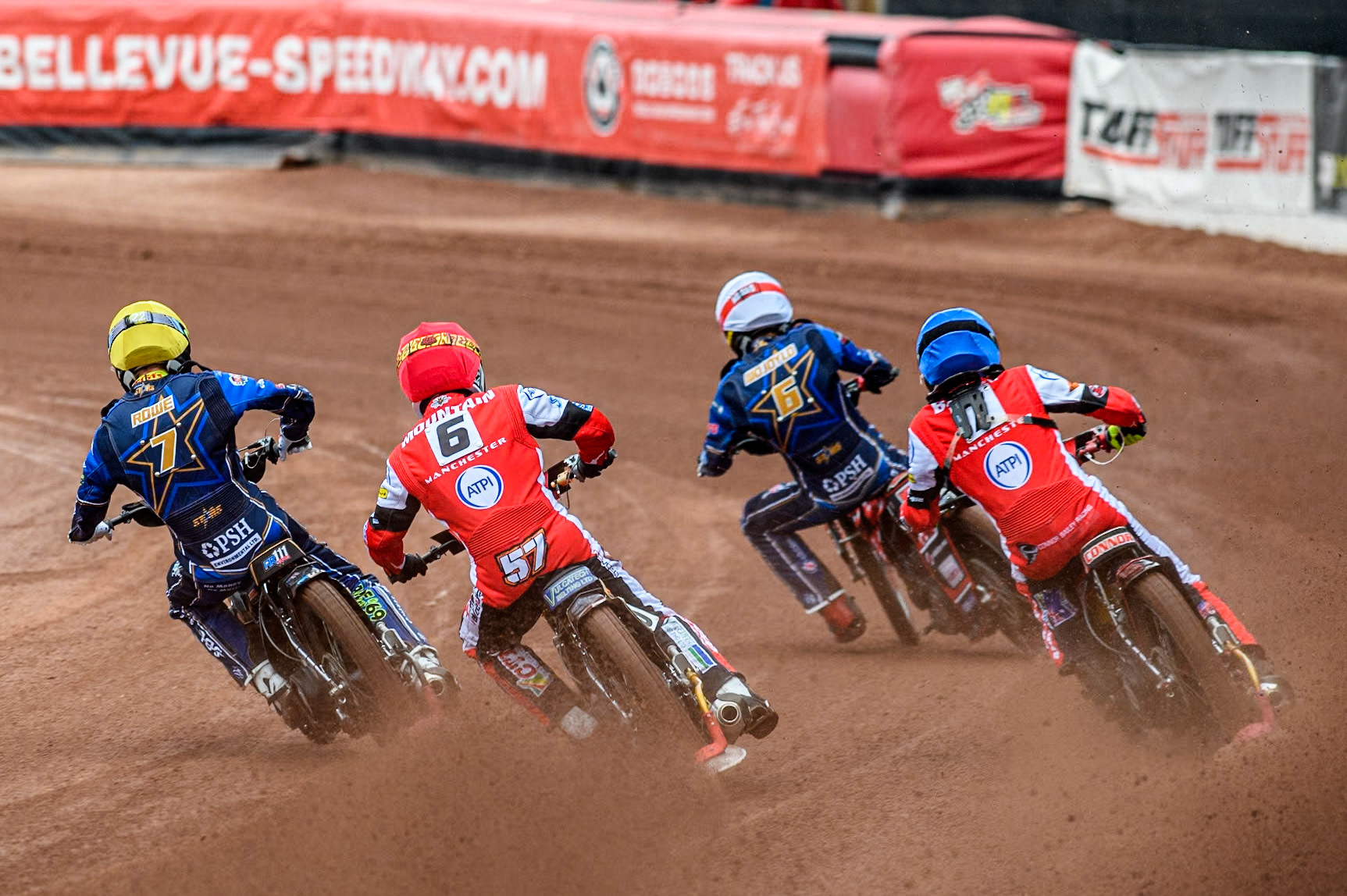 Belle Vue Aces' Connor Mountain in Red and Belle Vue Aces' Connor Bailey in Blue chase King Lynn Stars' Patryk Wojdylo in White and King Lynn Stars' Anders Rowe in Yellow during the Rowe Motor Oil Premiership match between Belle Vue Aces and King's Lynn Stars at the National Speedway Stadium, Manchester on Monday 20th May 2024. (Photo: Ian Charles | MI News)