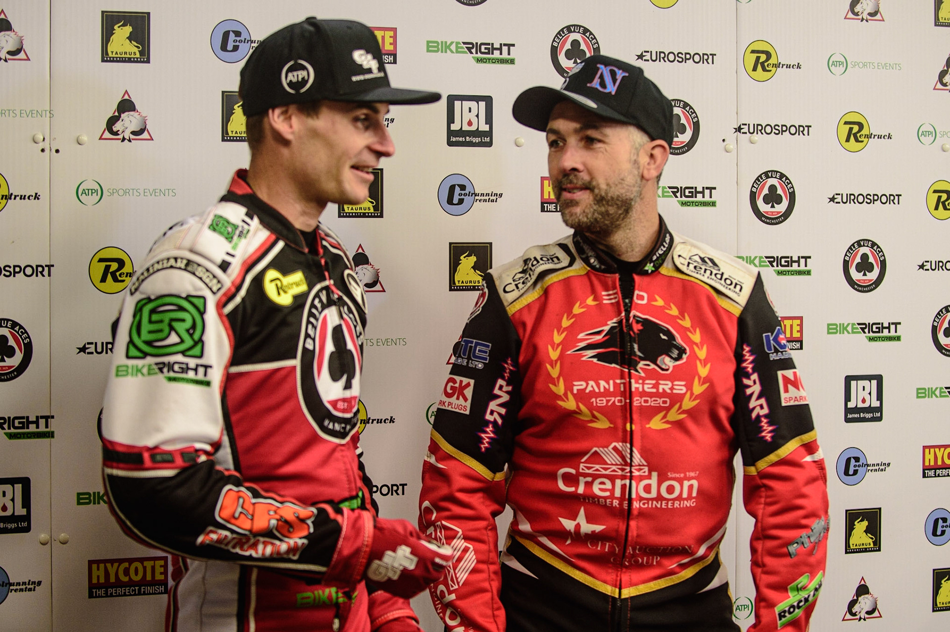 MANCHESTER, UK. OCT 11TH  Belle Vue BikeRight Aces  captain Steve Worrall   (left) chats with Peterborough Crendon Panthers  Captain Scott Nicholls  prior to their Eurosport interview during the SGB Premiership Grand Final 1st Leg between Belle Vue Aces and Peterborough Panthers at the National Speedway Stadium, Manchester on Monday 11th October 2021. (Credit: Ian Charles | MI News)