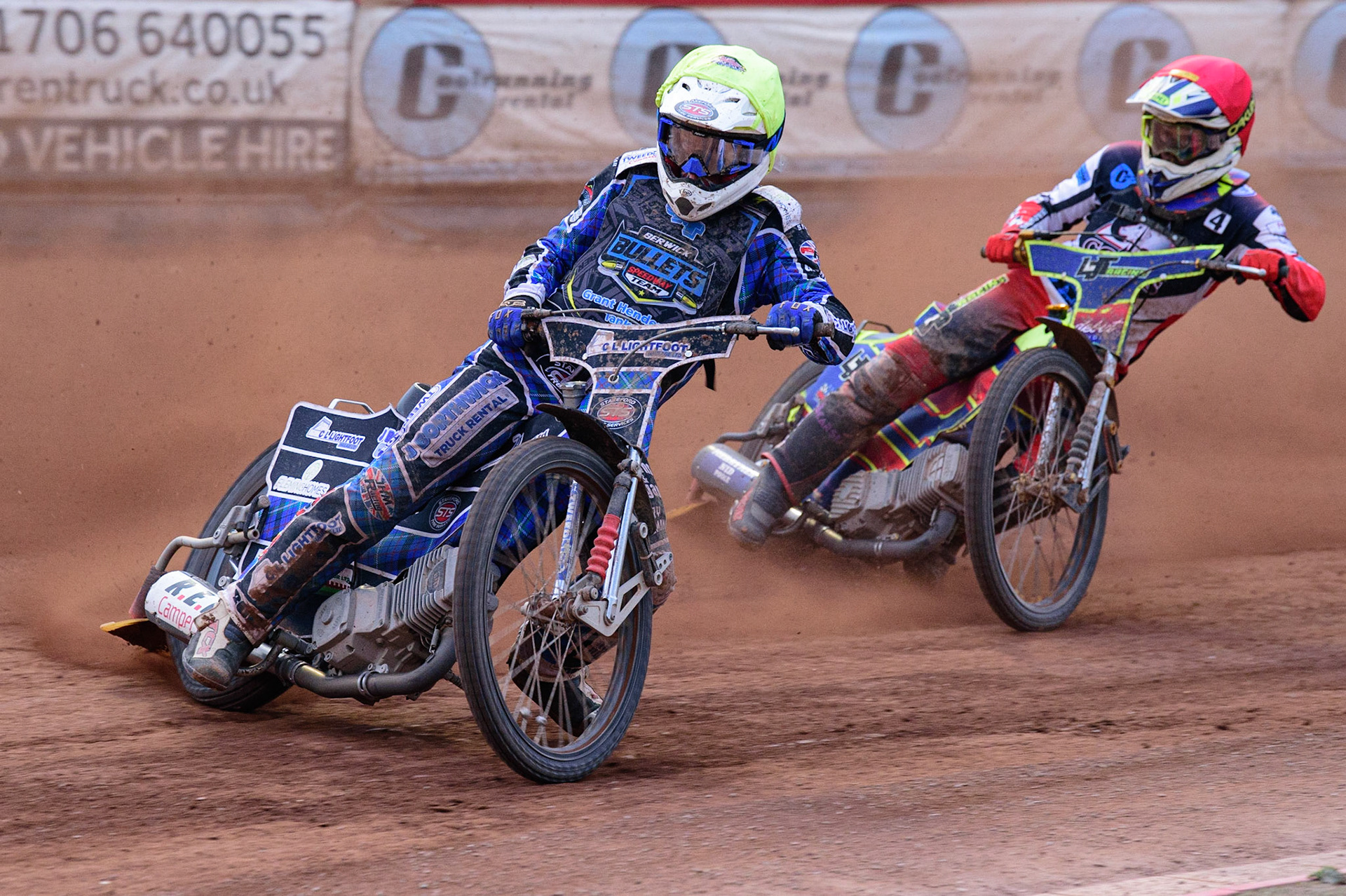 MANCHESTER, UK. JUN 24TH  Greg Blair  (Yellow) leads Nathan Ablitt  (Red) during the National Development League match between Belle Vue Colts and Berwick Bullets at the National Speedway Stadium, Manchester on Friday 24th June 2022. (Credit: Ian Charles | MI News)
